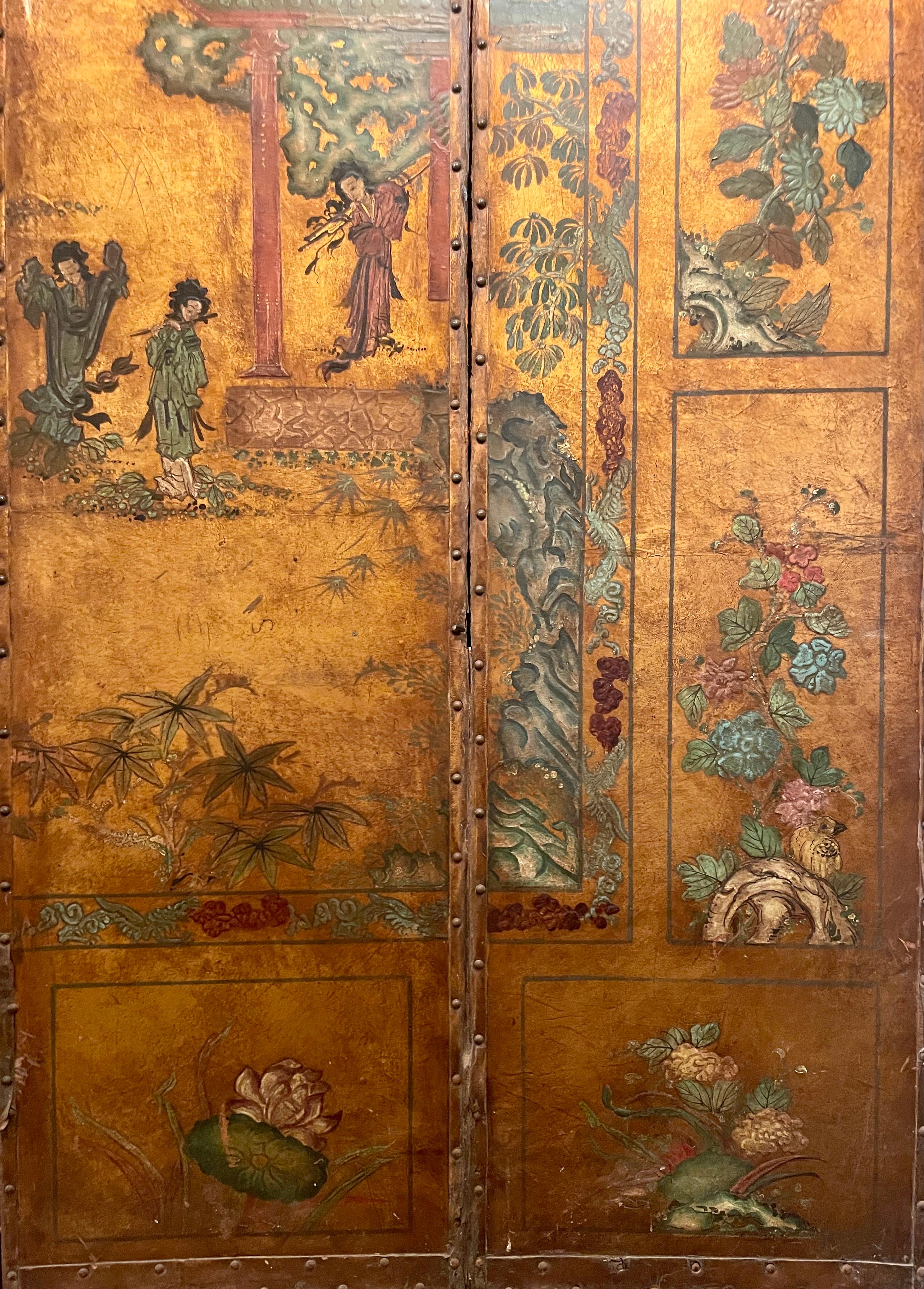 Antique Early 19th Century Hand-Painted 4-Panel Chinoiserie Leather Screen 1