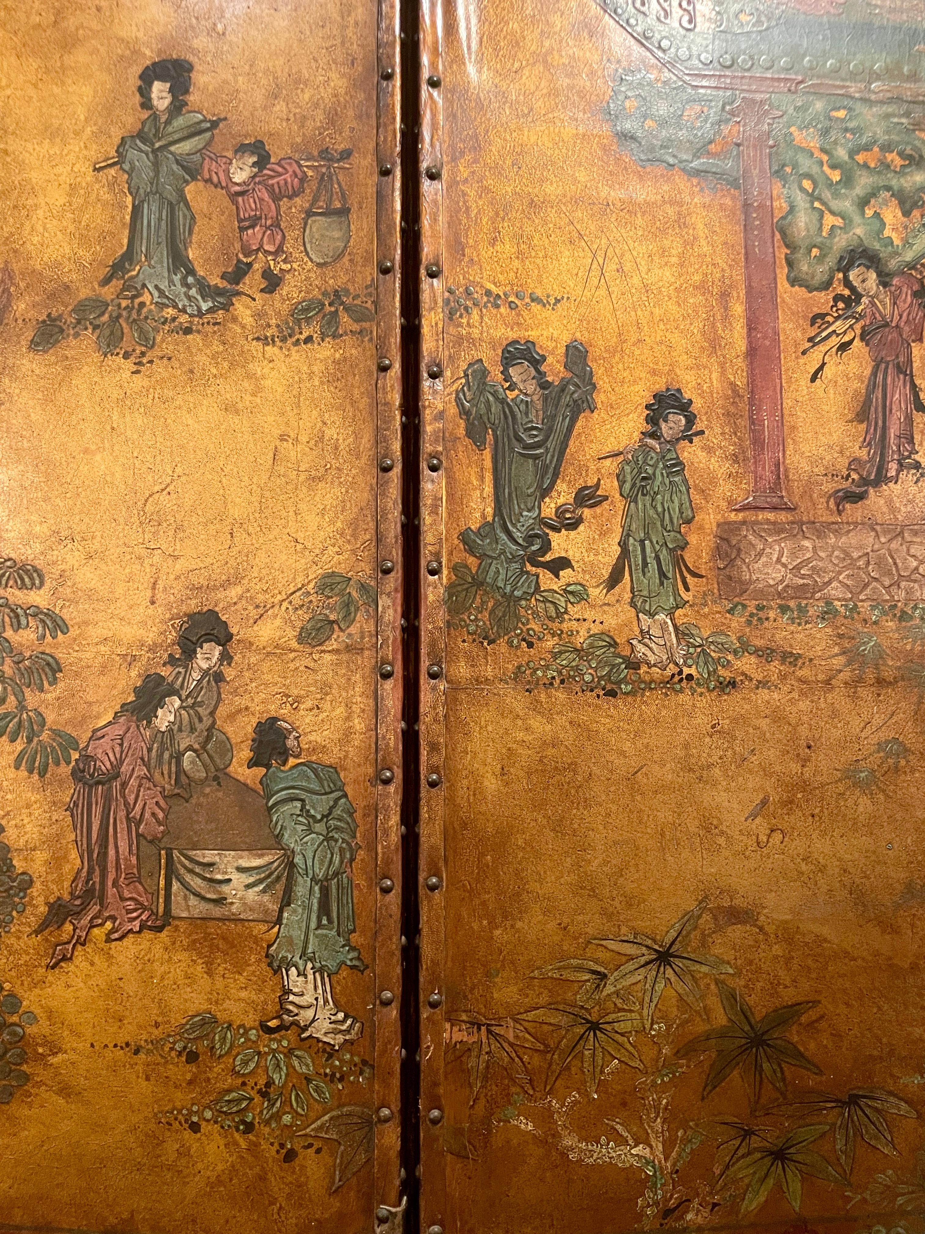 Antique Early 19th Century Hand-Painted 4-Panel Chinoiserie Leather Screen 2