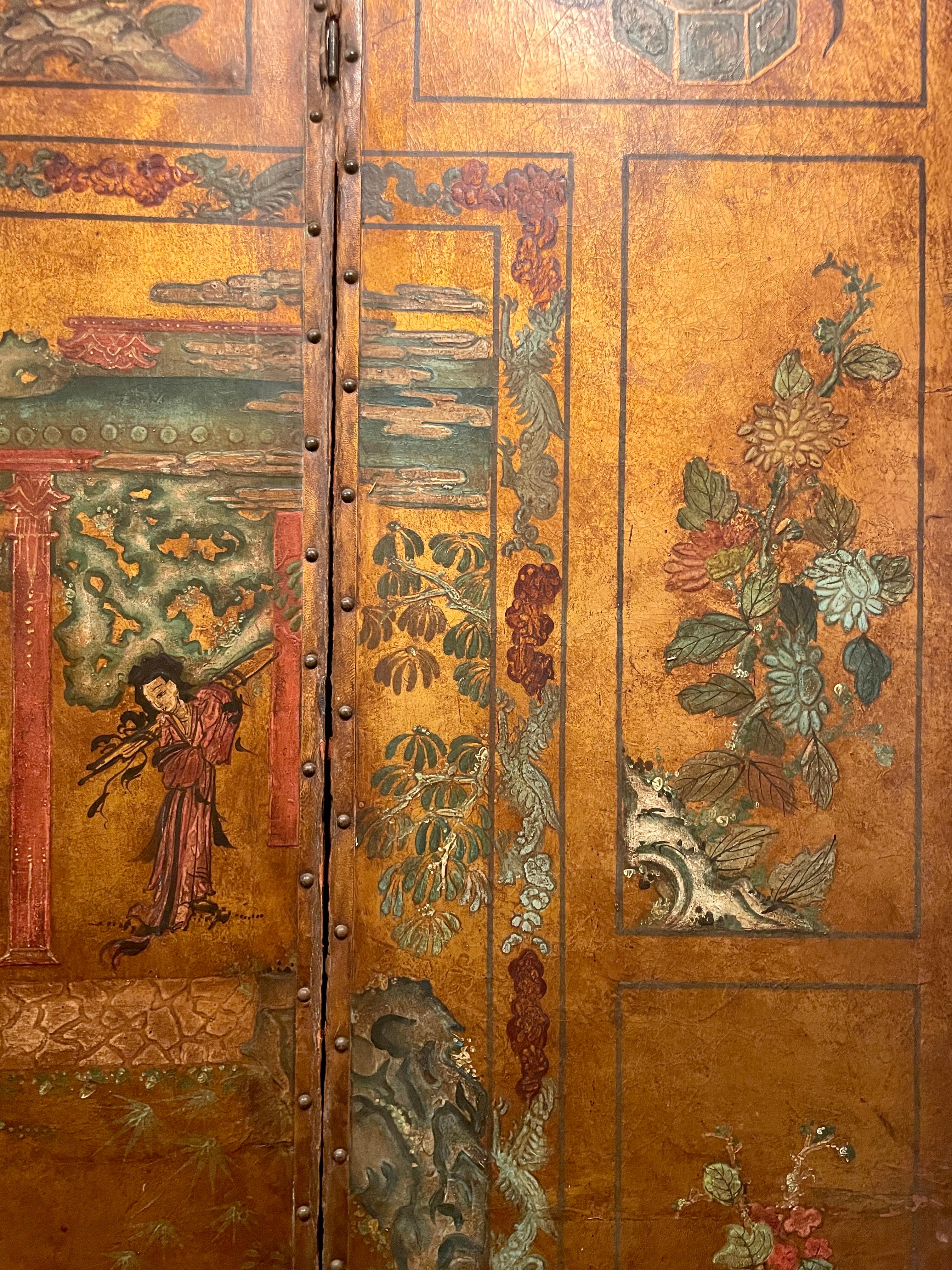 Antique Early 19th Century Hand-Painted 4-Panel Chinoiserie Leather Screen 3