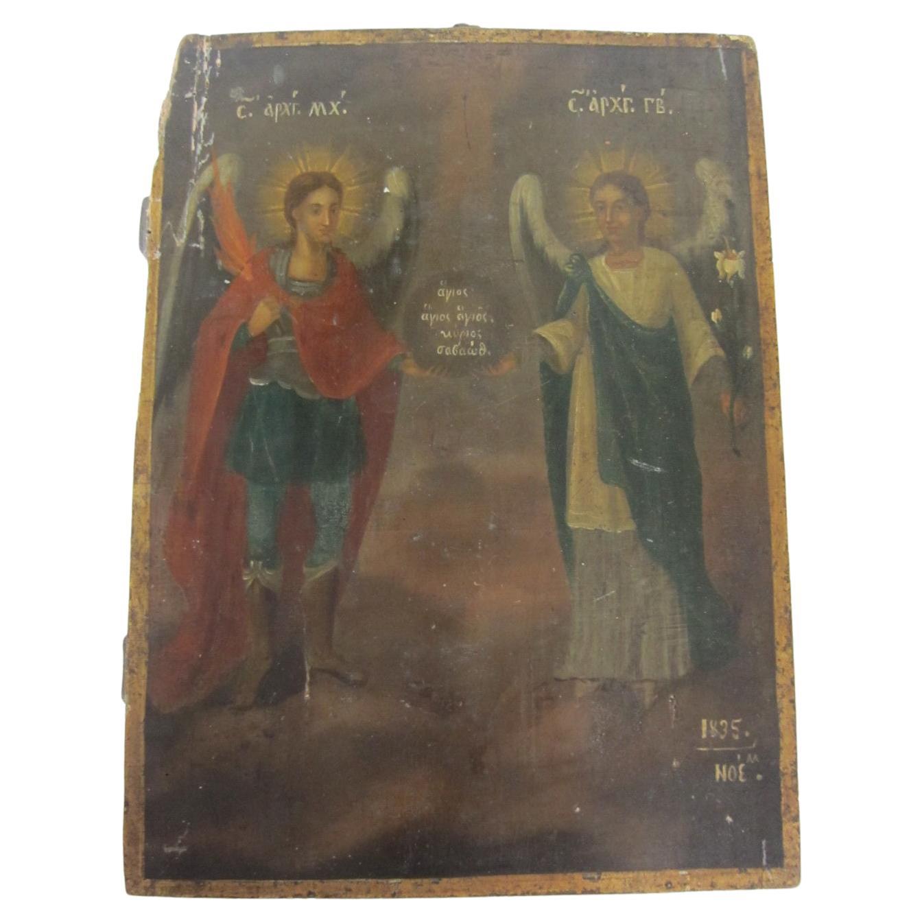 Antique early 19th century Icon of with Archangel Michael and Archangel Gabriel