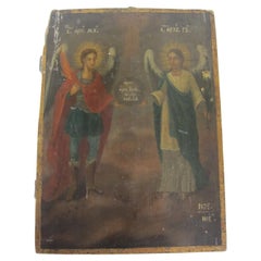 Icono antiguo de principios del siglo XIX con el Arcángel Miguel y el Arcángel Gabriel