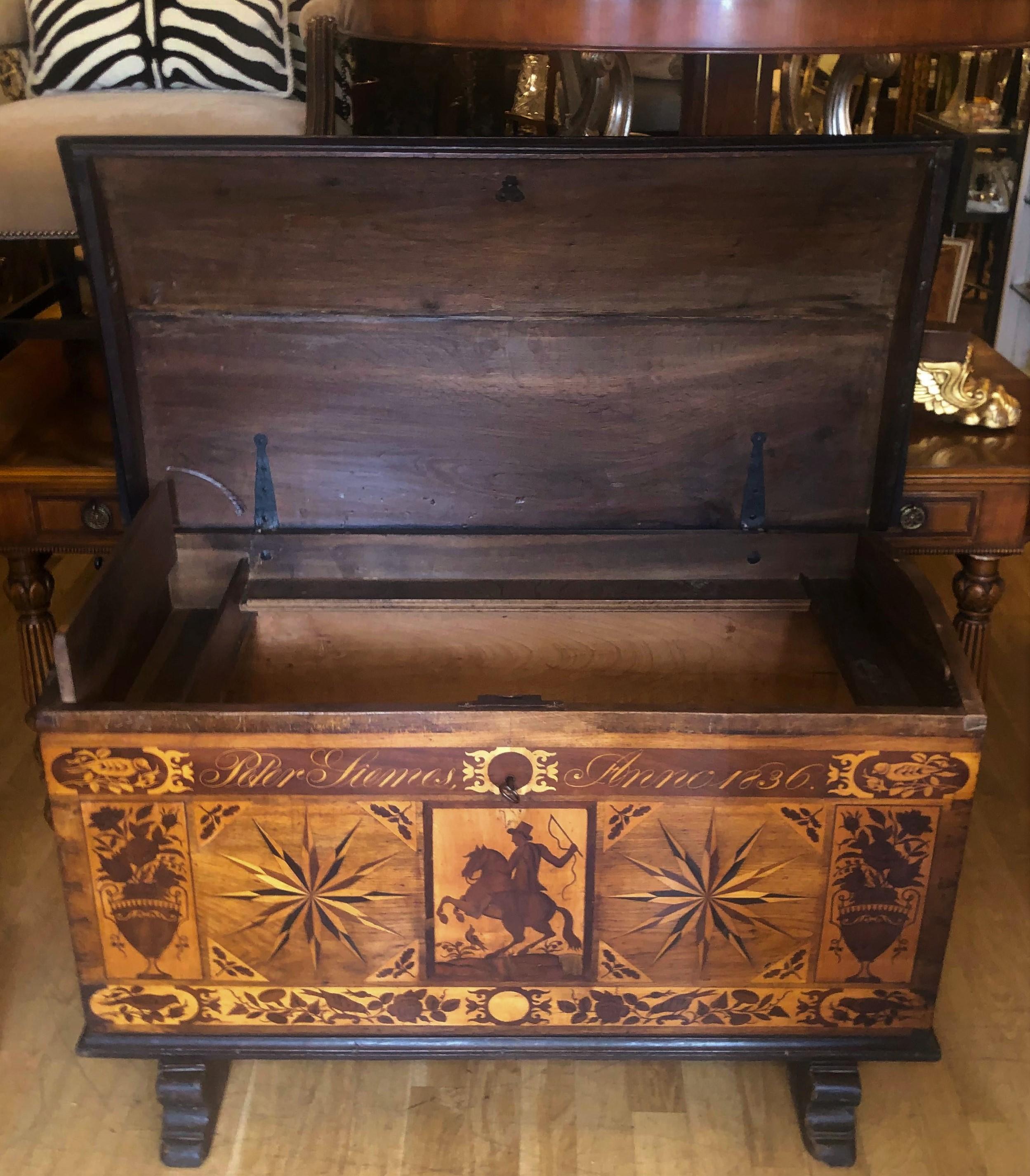 Fruitwood Antique Early 19th Century Italian Inlaid Hope Chest Trunk, circa 1836 For Sale