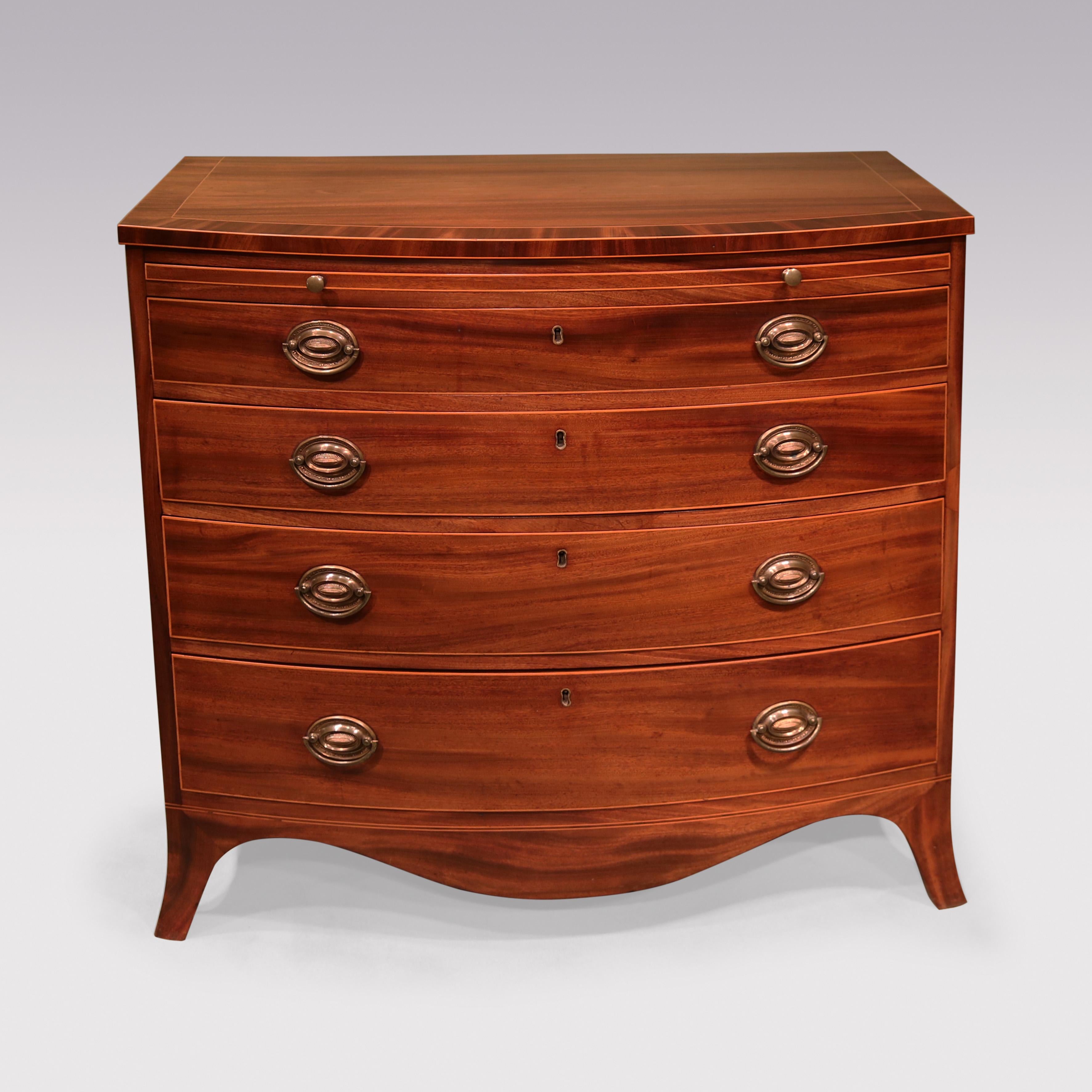 A fine quality early 19th Century mahogany bowfront Chest, boxwood strung throughout, having crossbanded top above brushing slide & four graduated drawers retaining original handles supported on splay bracket feet with shaped apron.