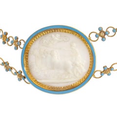 Antique Early 19th Century Neoclassical Shell Cameo, Gold, and Enamel Necklace