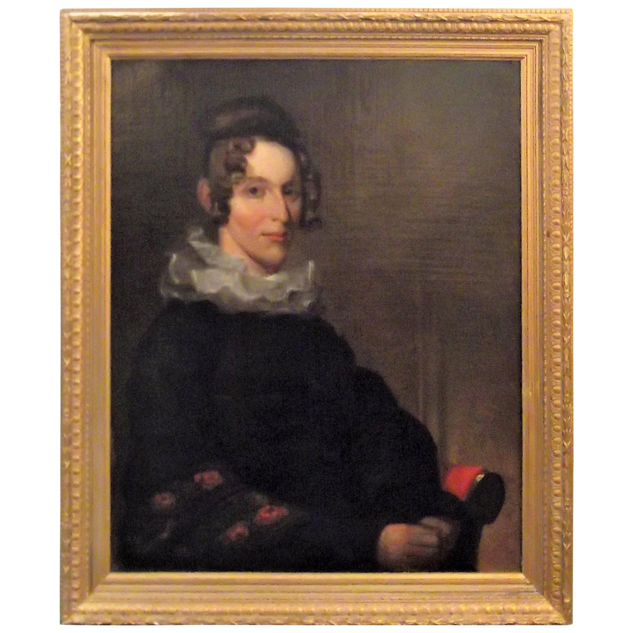 Peinture à l'huile originale et ancienne du 19ème siècle représentant un portrait d'une dame aristocrate