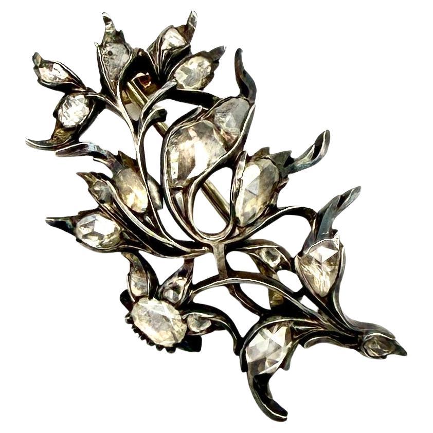 Antique Early 19th Century Old Cut Diamond Flower Spray Brooch Silver