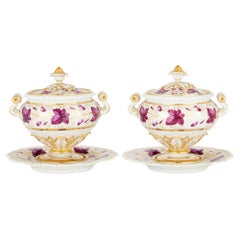Antica coppia di zuppiere dipinte in porcellana Barr & Barr dell'inizio del XIX secolo