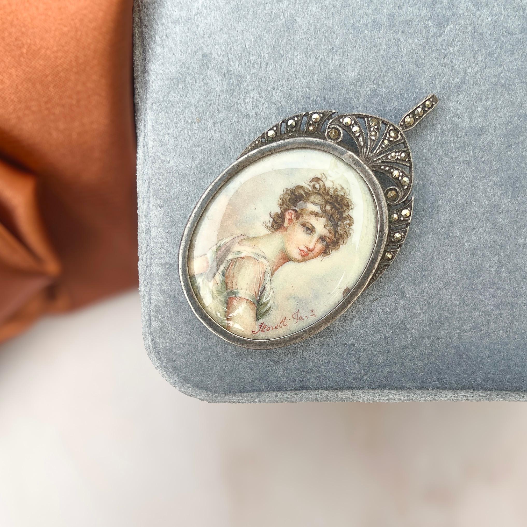 Round Cut Antique Early 19th Century Portrait Miniature Marcasite Pendant For Sale
