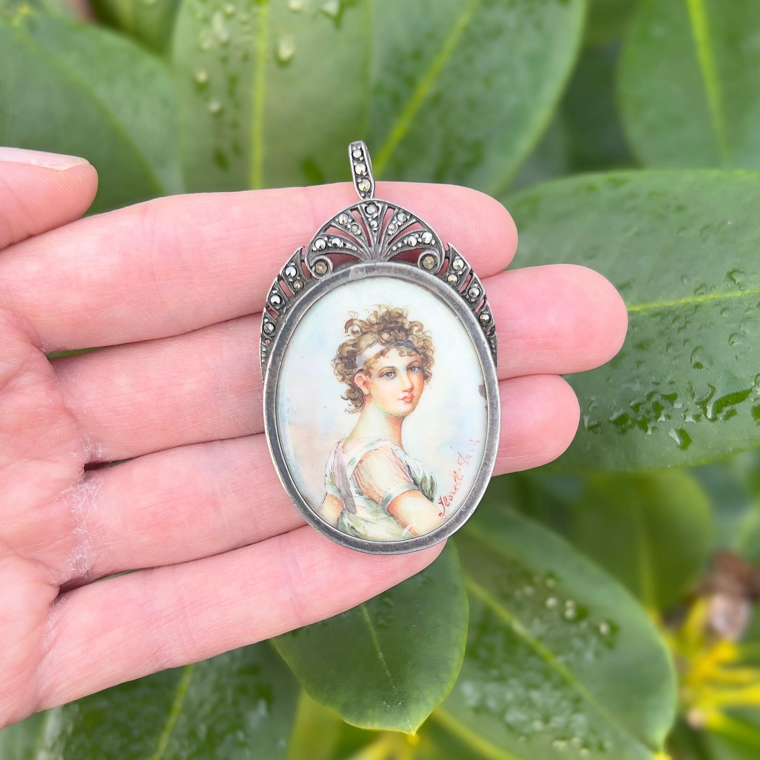 Antique Early 19th Century Portrait Miniature Marcasite Pendant In Fair Condition For Sale In Skelmersdale, GB