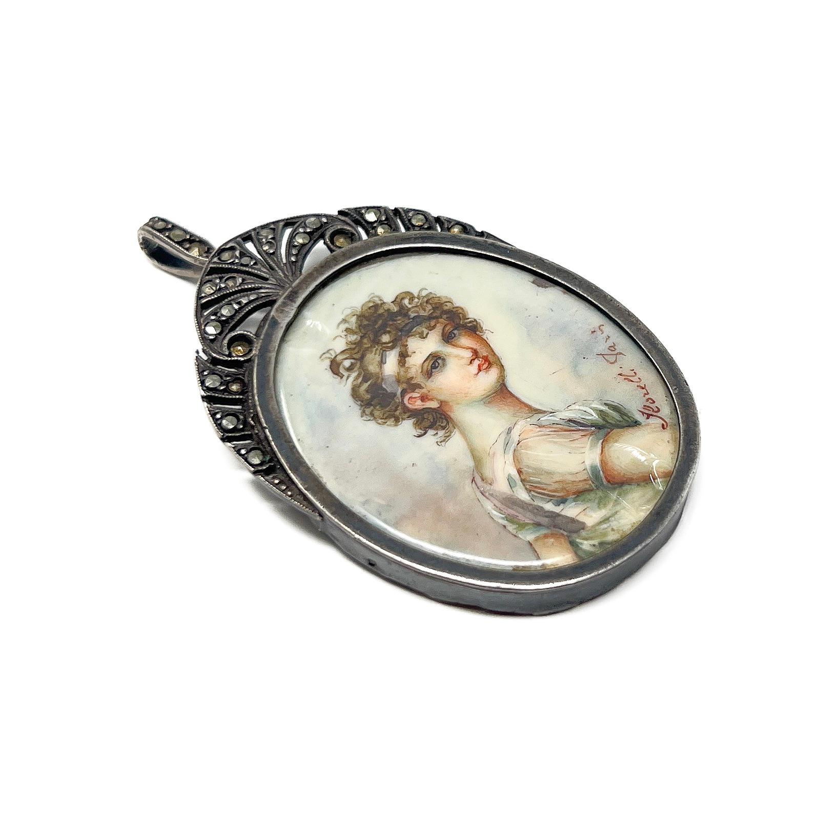 Women's Antique Early 19th Century Portrait Miniature Marcasite Pendant For Sale