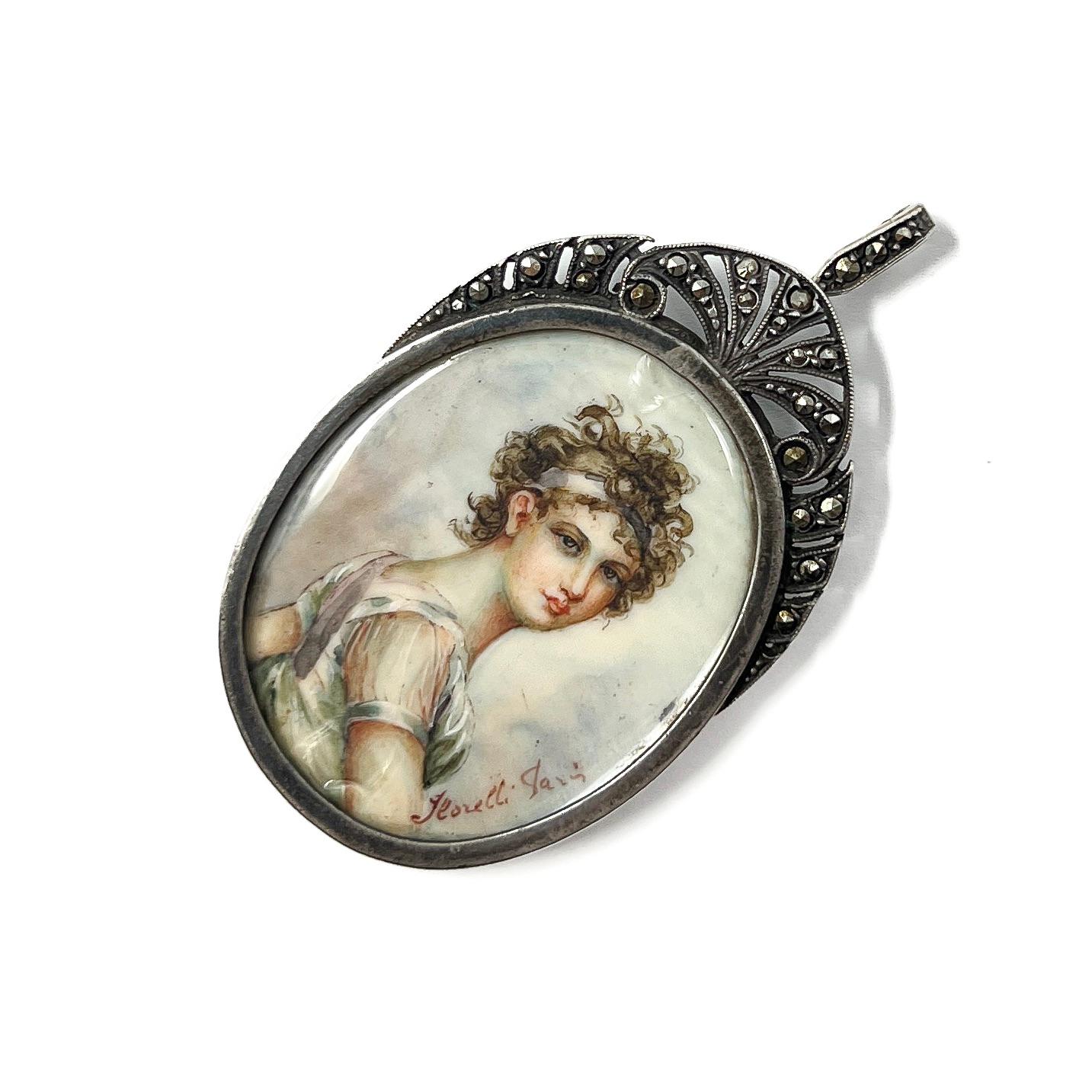 Antique Early 19th Century Portrait Miniature Marcasite Pendant For Sale 1