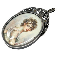 Antique Early 19th Century Portrait Miniature Marcasite Pendant