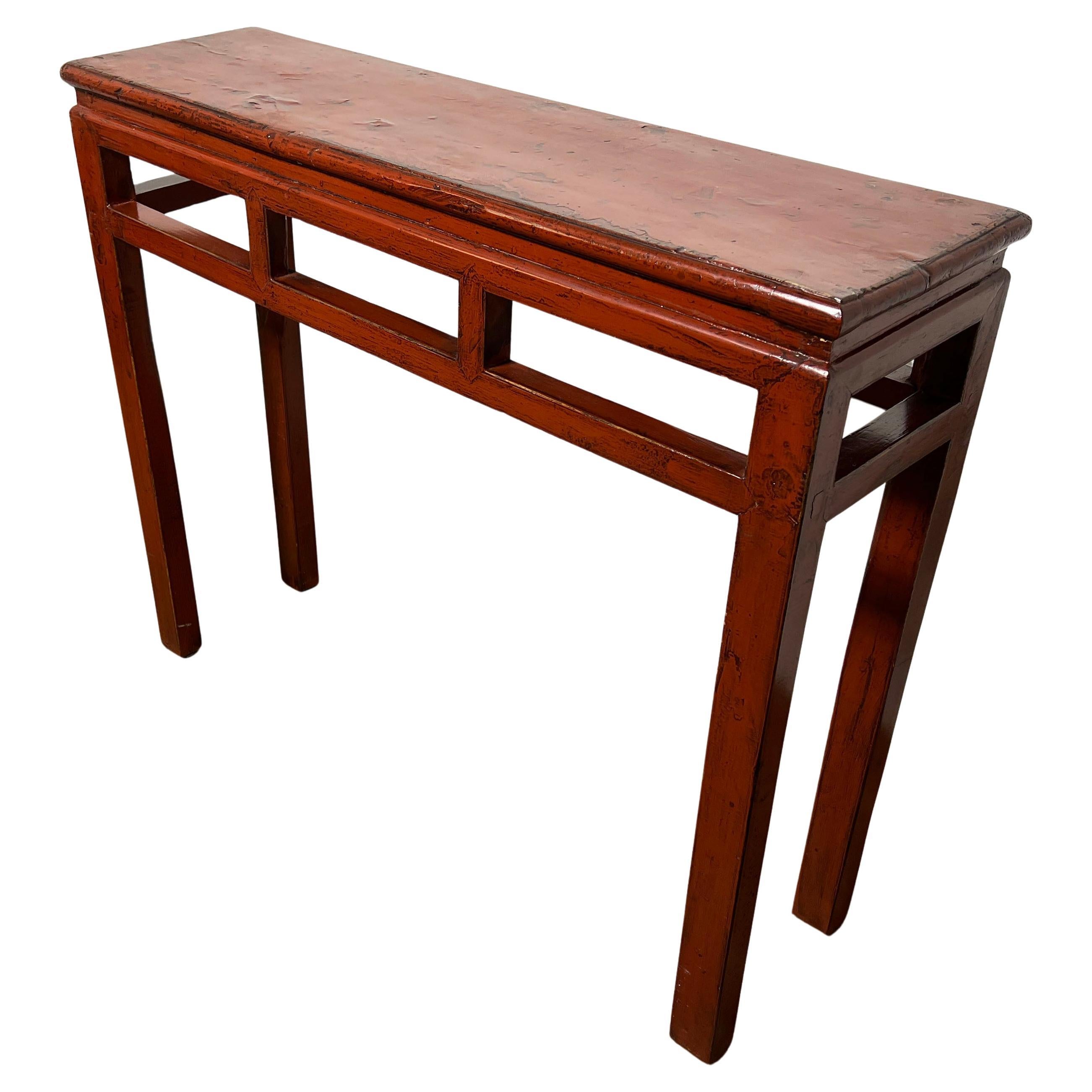Antique Early 19th Century Qing Dynasty Altar Table in Cinnabar Lacquered Elm