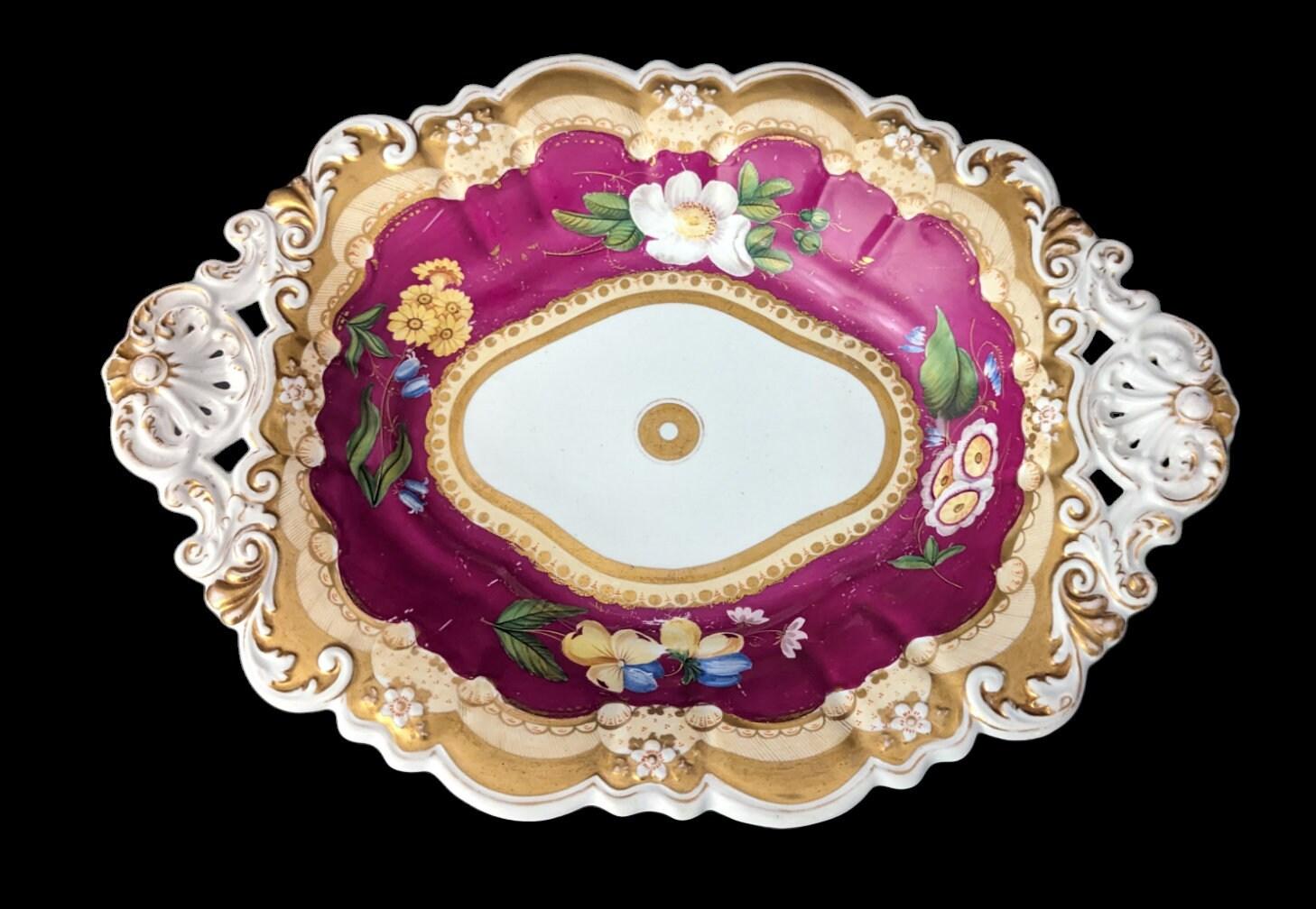 Antique Early 19th Century Rockingham Floral Maroon English Bowl In Excellent Condition In New Milford, CT