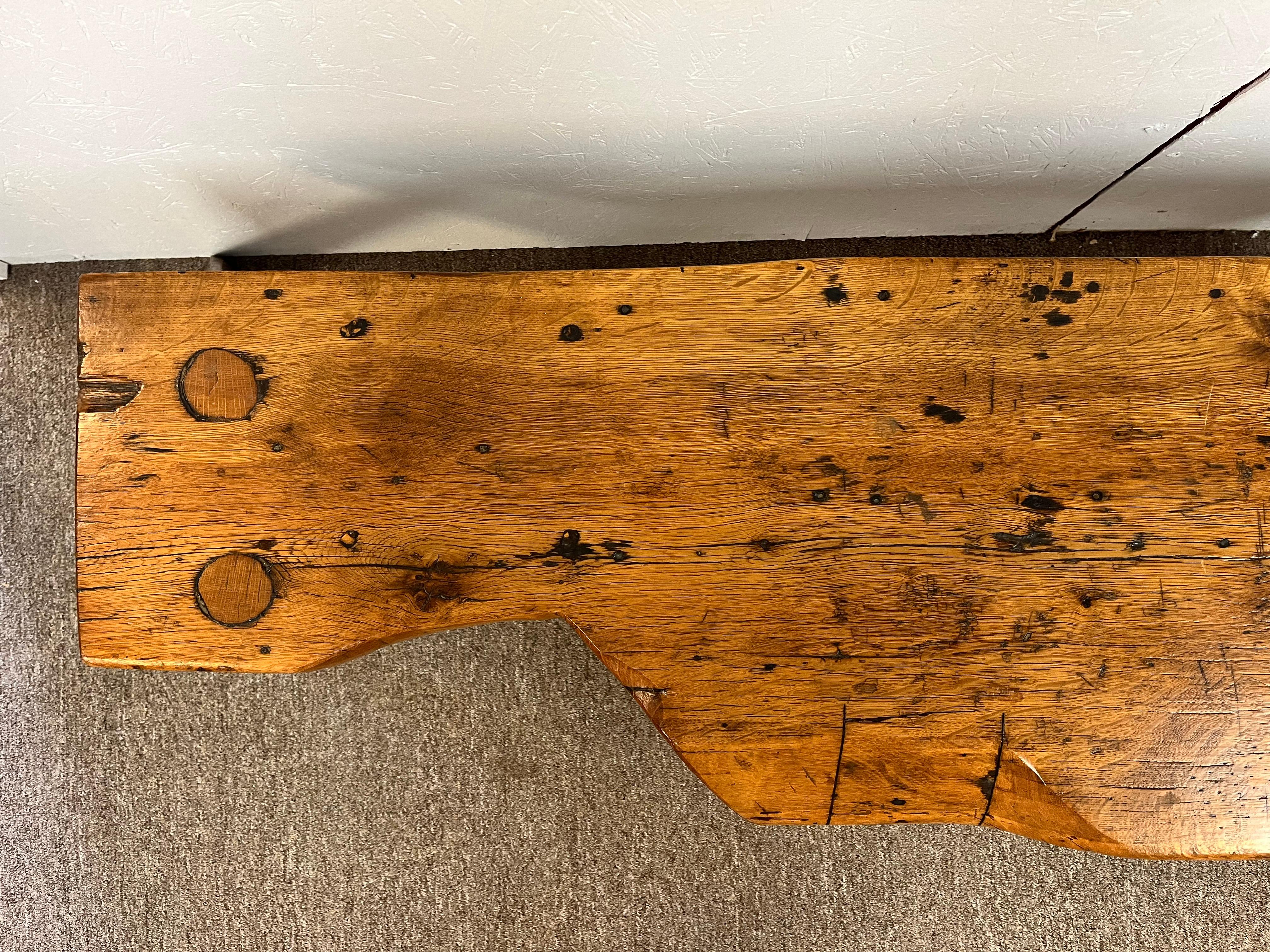 Antique Early 19th Century Rustic Bench with Splayed Legs and Thick Cut Seat For Sale 5