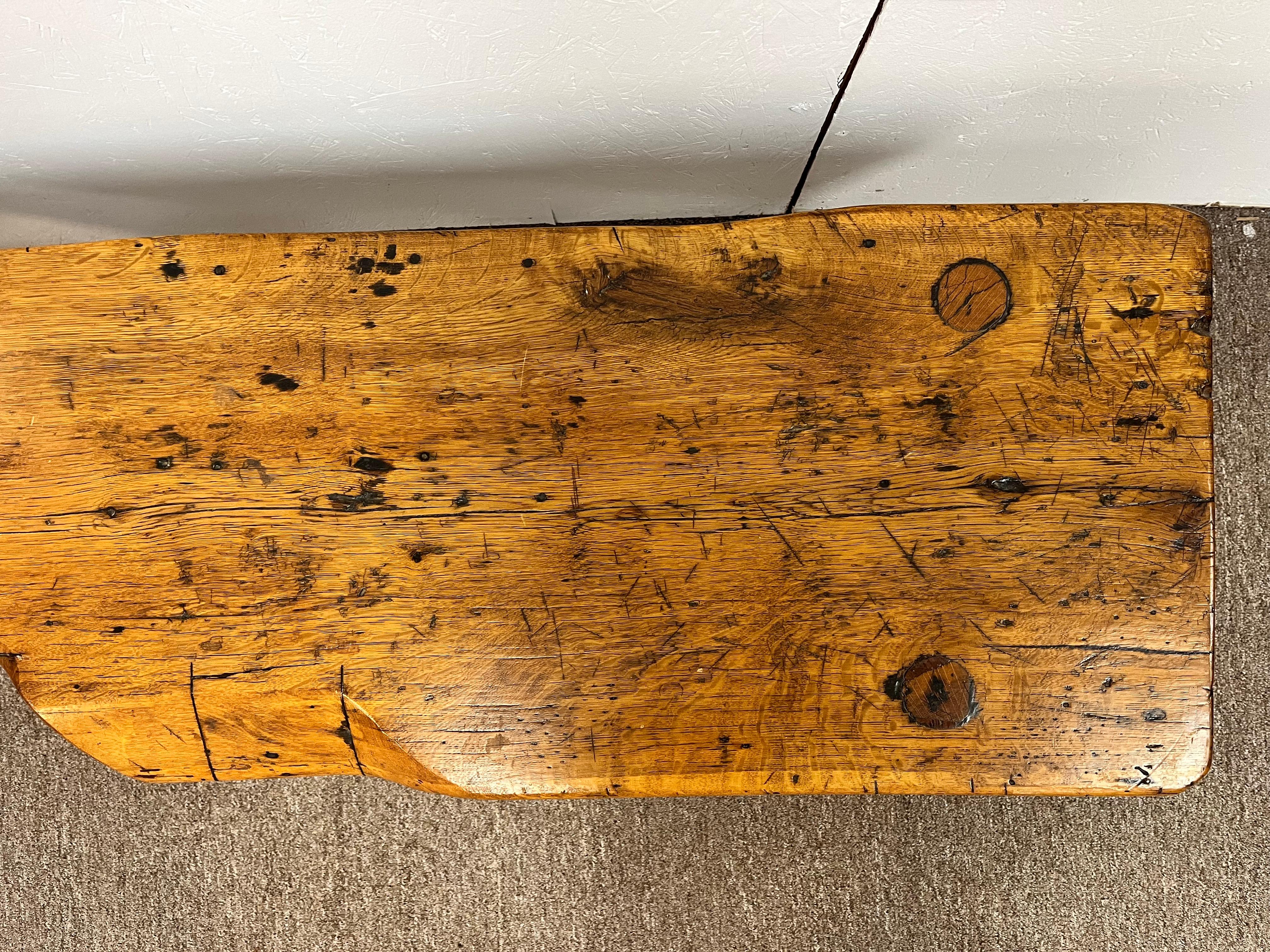 Antique Early 19th Century Rustic Bench with Splayed Legs and Thick Cut Seat For Sale 6