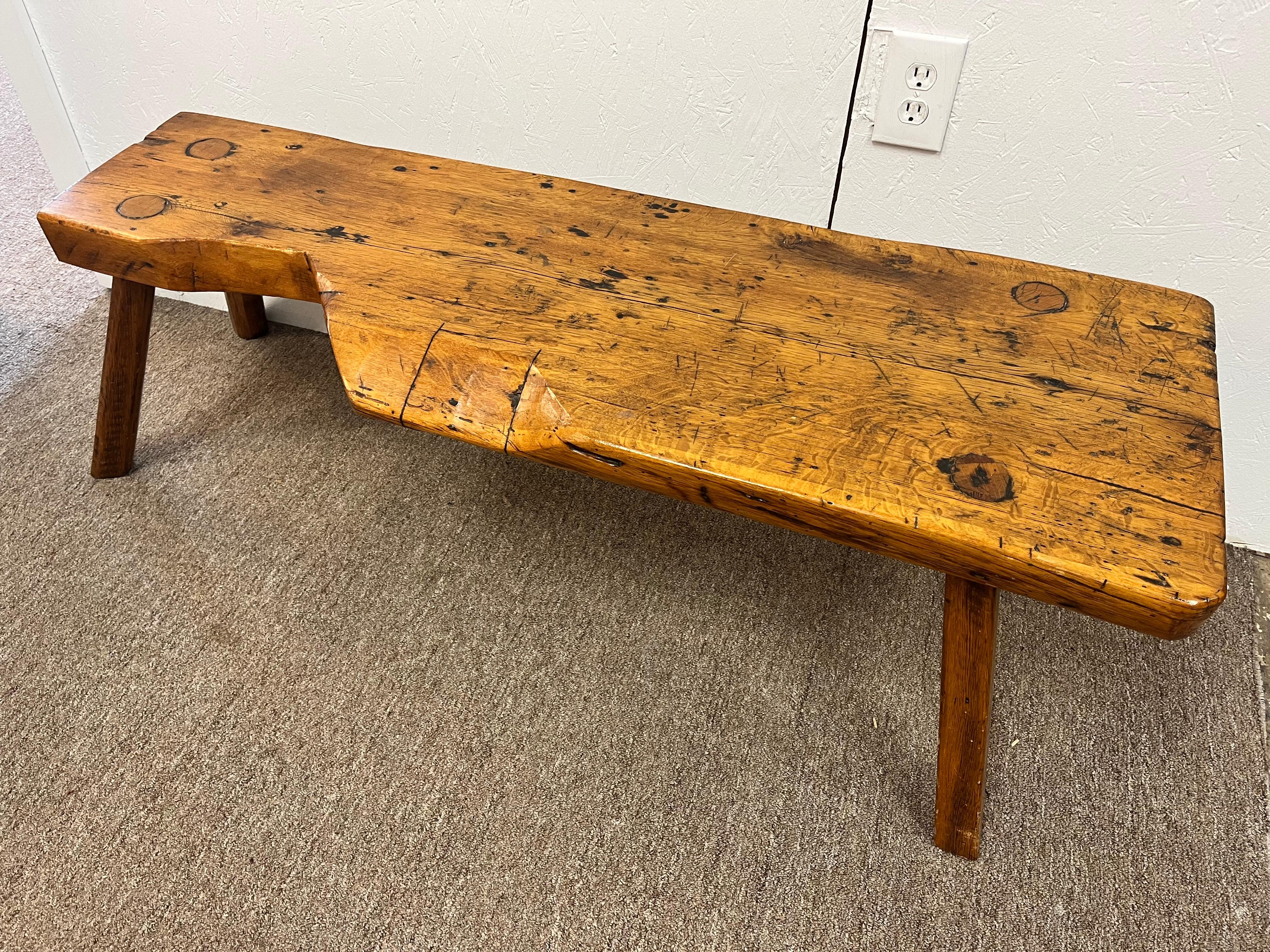 Antique Early 19th Century Rustic Bench with Splayed Legs and Thick Cut Seat For Sale 9