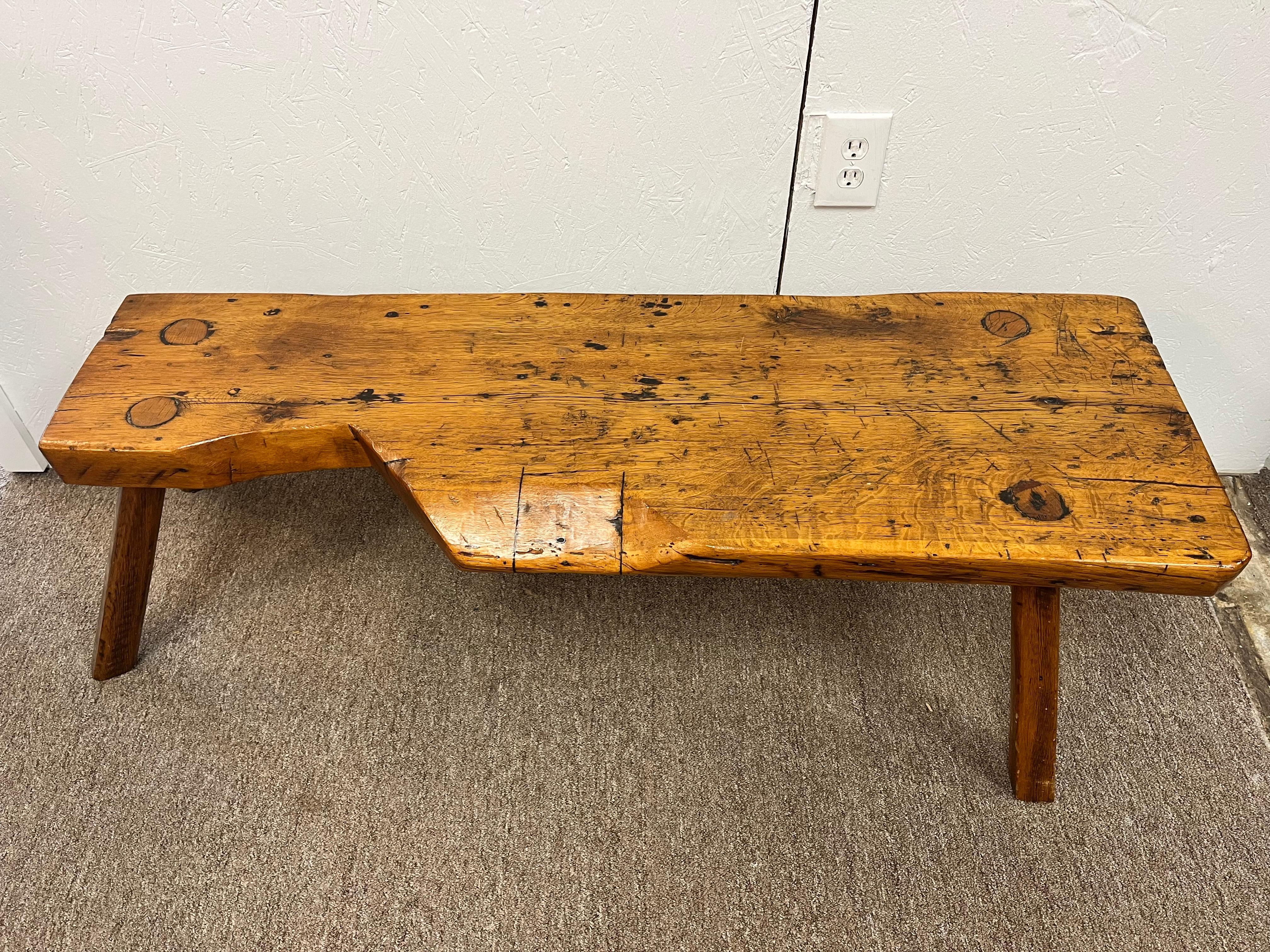 Antique Early 19th Century Rustic Bench with Splayed Legs and Thick Cut Seat For Sale 10
