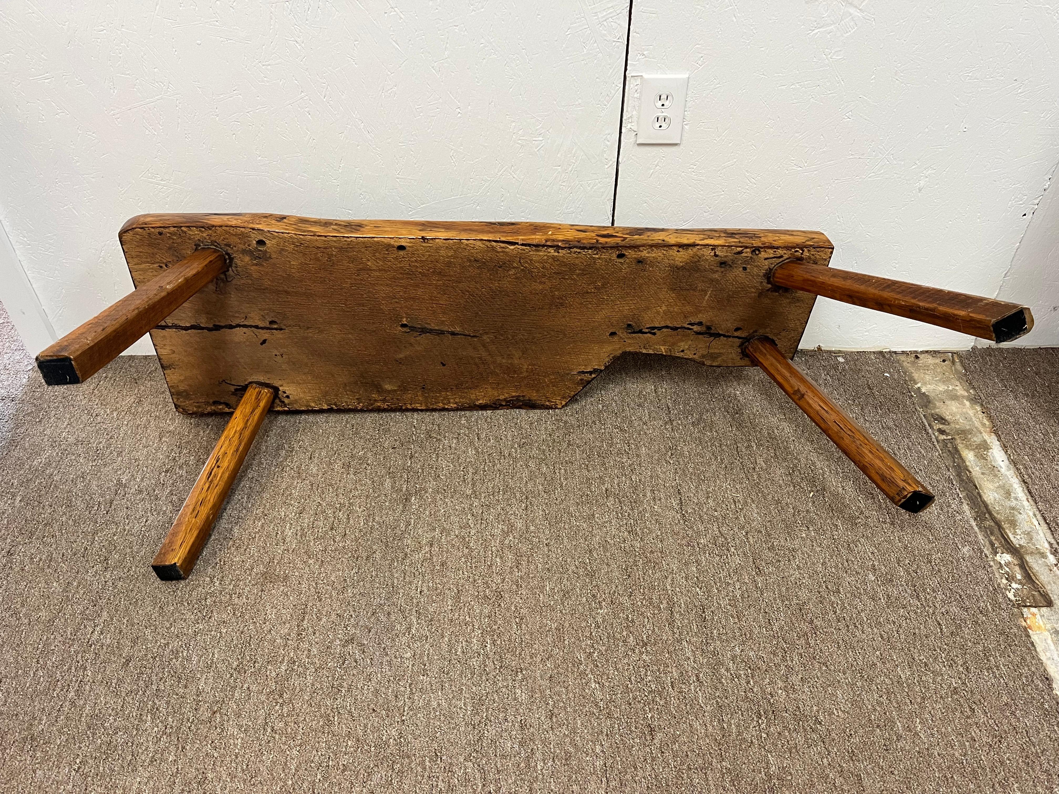 Antique Early 19th Century Rustic Bench with Splayed Legs and Thick Cut Seat For Sale 11