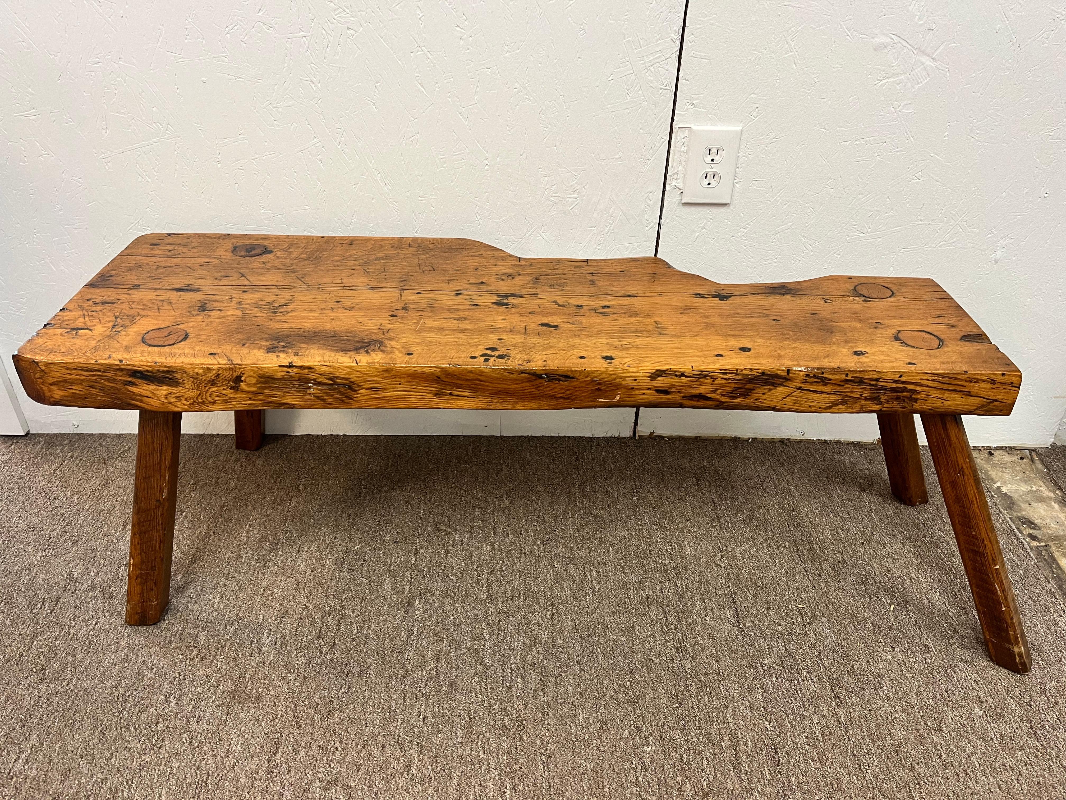 Wood Antique Early 19th Century Rustic Bench with Splayed Legs and Thick Cut Seat For Sale