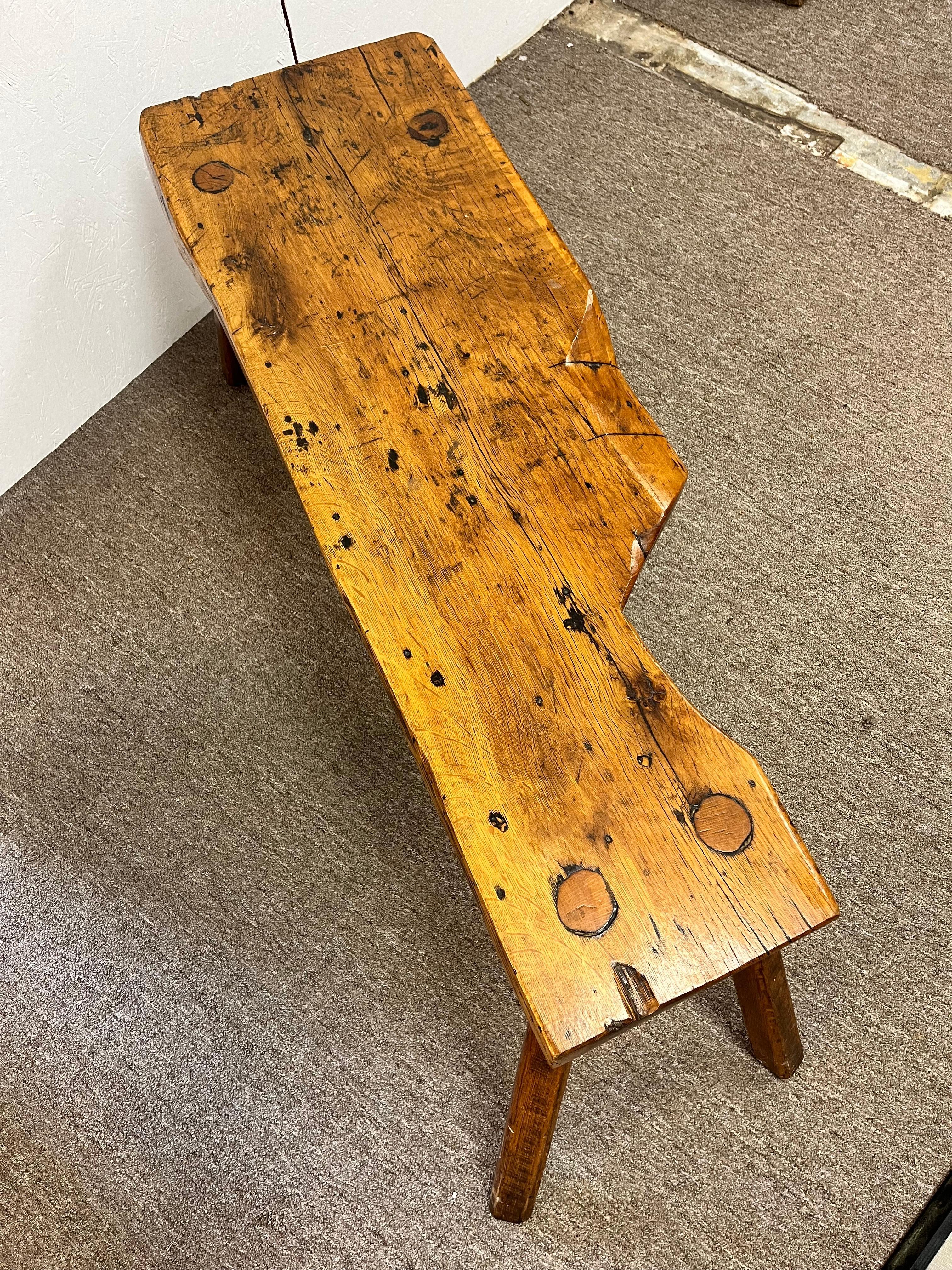 Antique Early 19th Century Rustic Bench with Splayed Legs and Thick Cut Seat For Sale 1