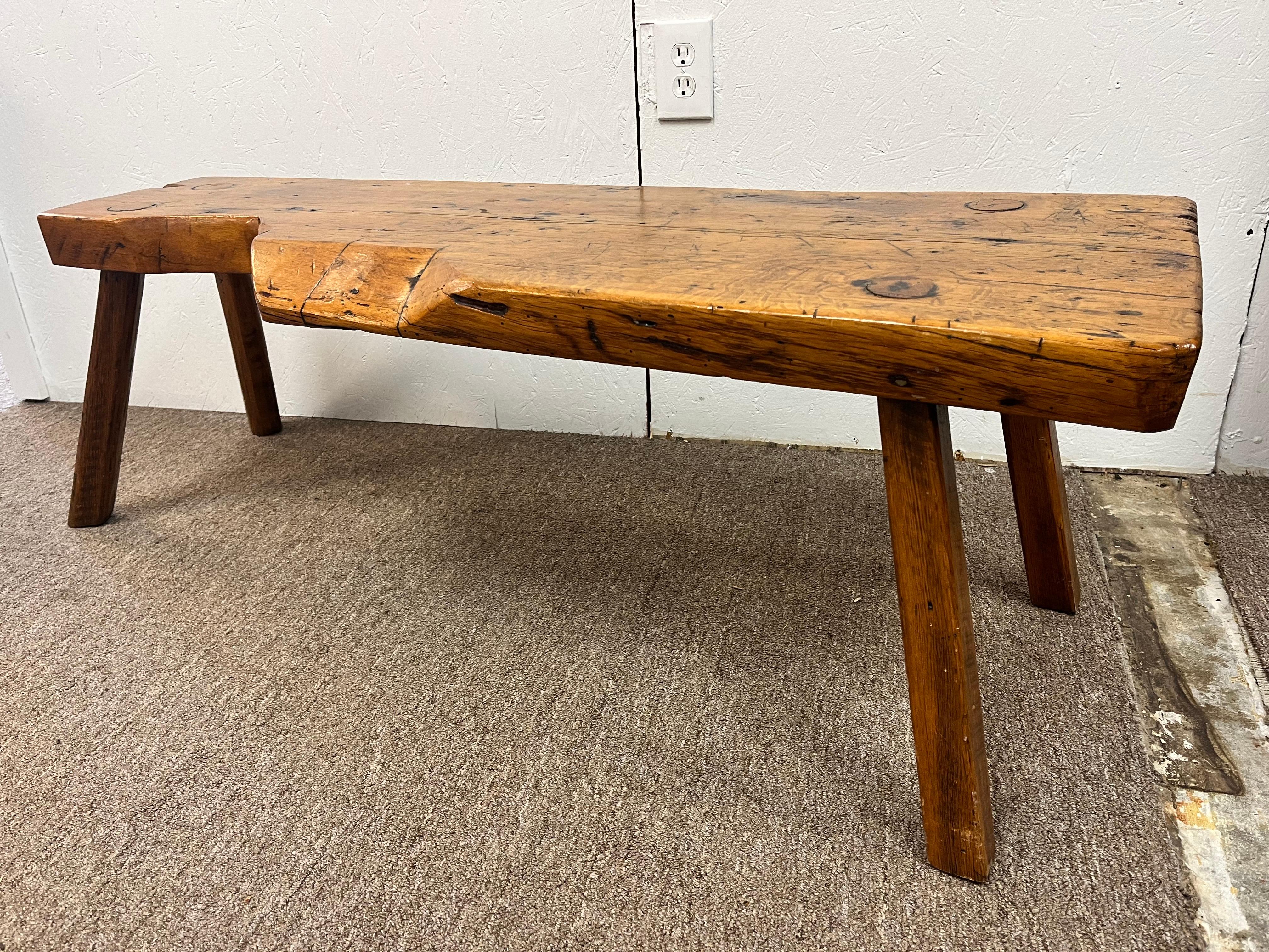 Antique Early 19th Century Rustic Bench with Splayed Legs and Thick Cut Seat For Sale 2