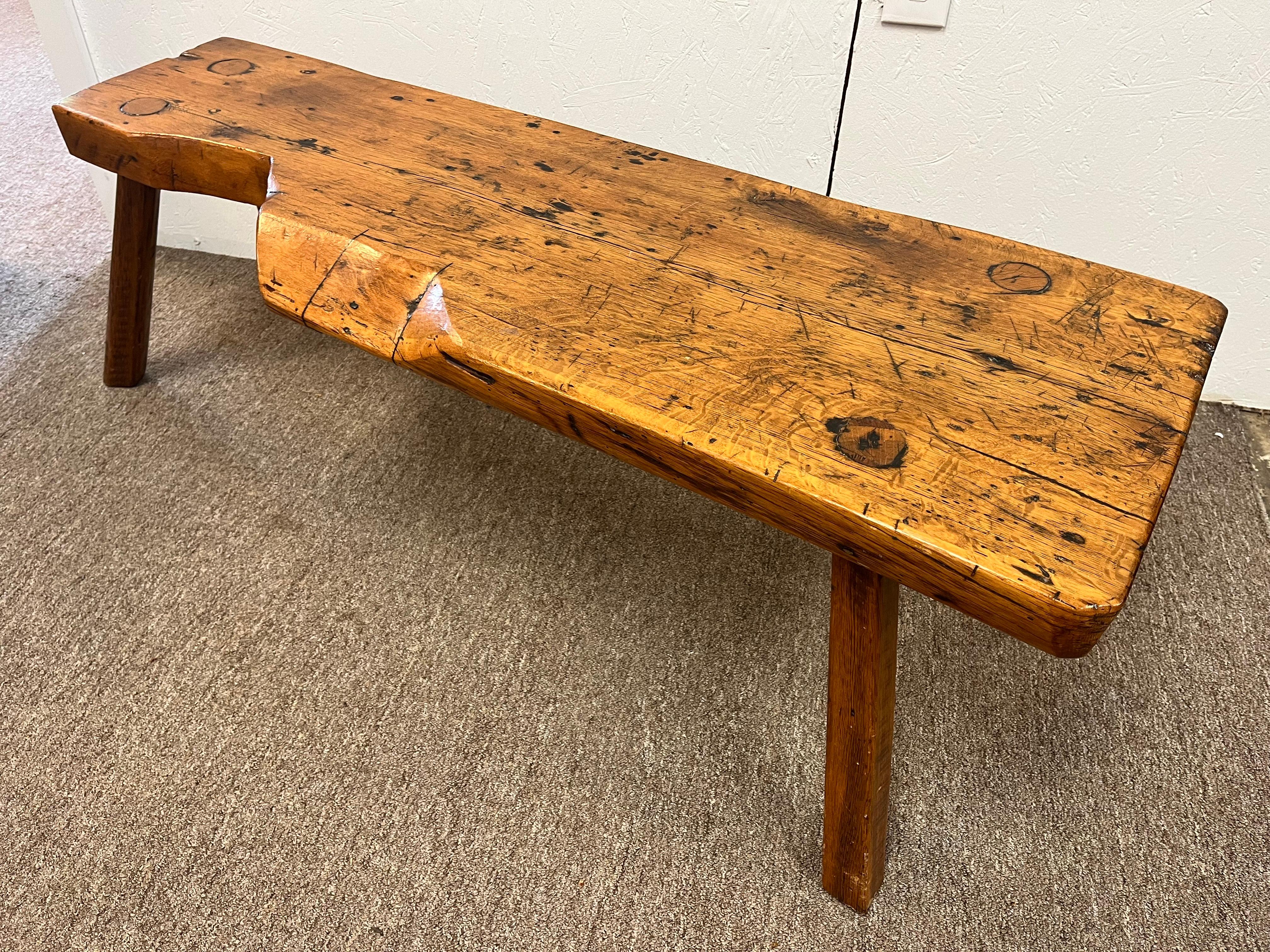 Antique Early 19th Century Rustic Bench with Splayed Legs and Thick Cut Seat For Sale 4