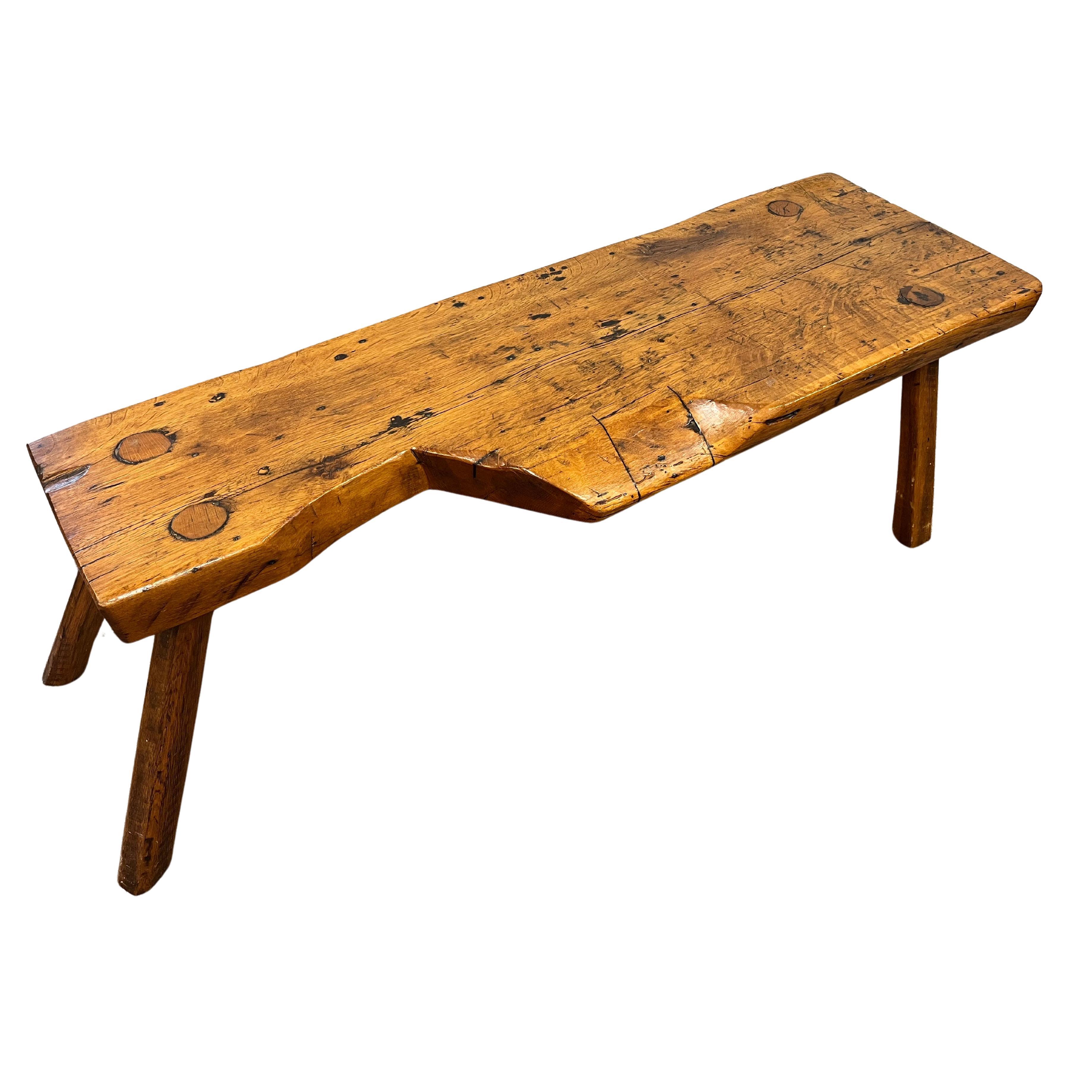 Antique Early 19th Century Rustic Bench with Splayed Legs and Thick Cut Seat For Sale