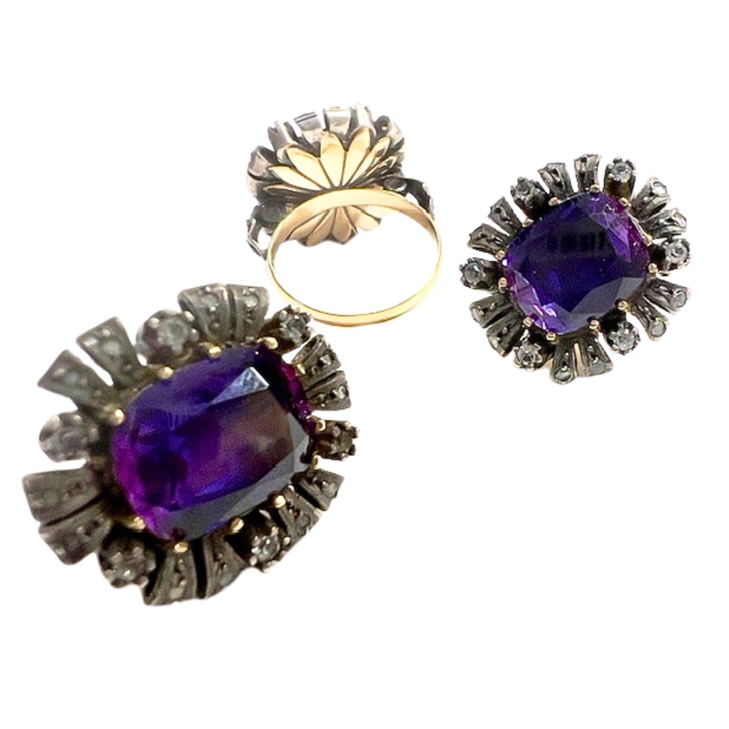 Cushion Cut Antique Early 19th Century Sapphire Gold and Silver Earrings and Ring Set For Sale