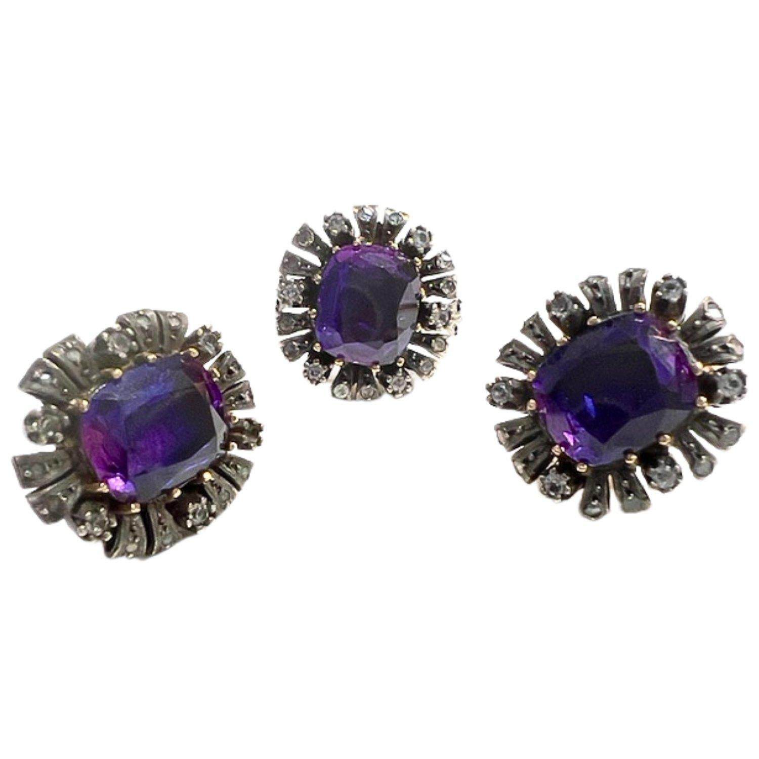 Antique Early 19th Century Sapphire Gold and Silver Earrings and Ring Set In Good Condition For Sale In MADRID, ES