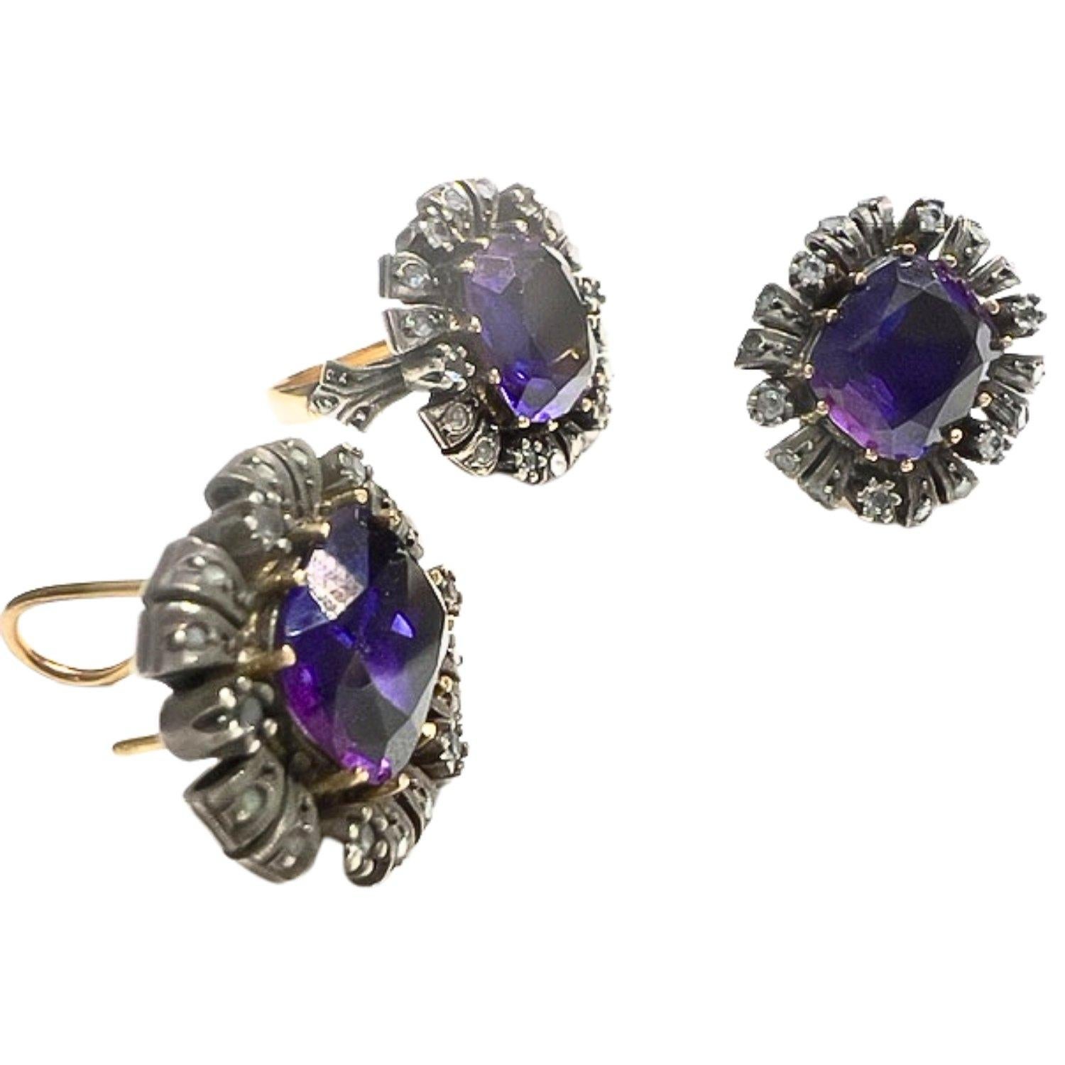 Antique Early 19th Century Sapphire Gold and Silver Earrings and Ring Set For Sale 2