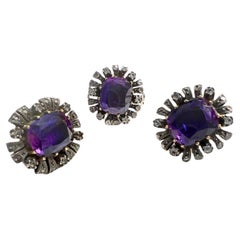 Antique Early 19th Century Sapphire Gold and Silver Earrings and Ring Set