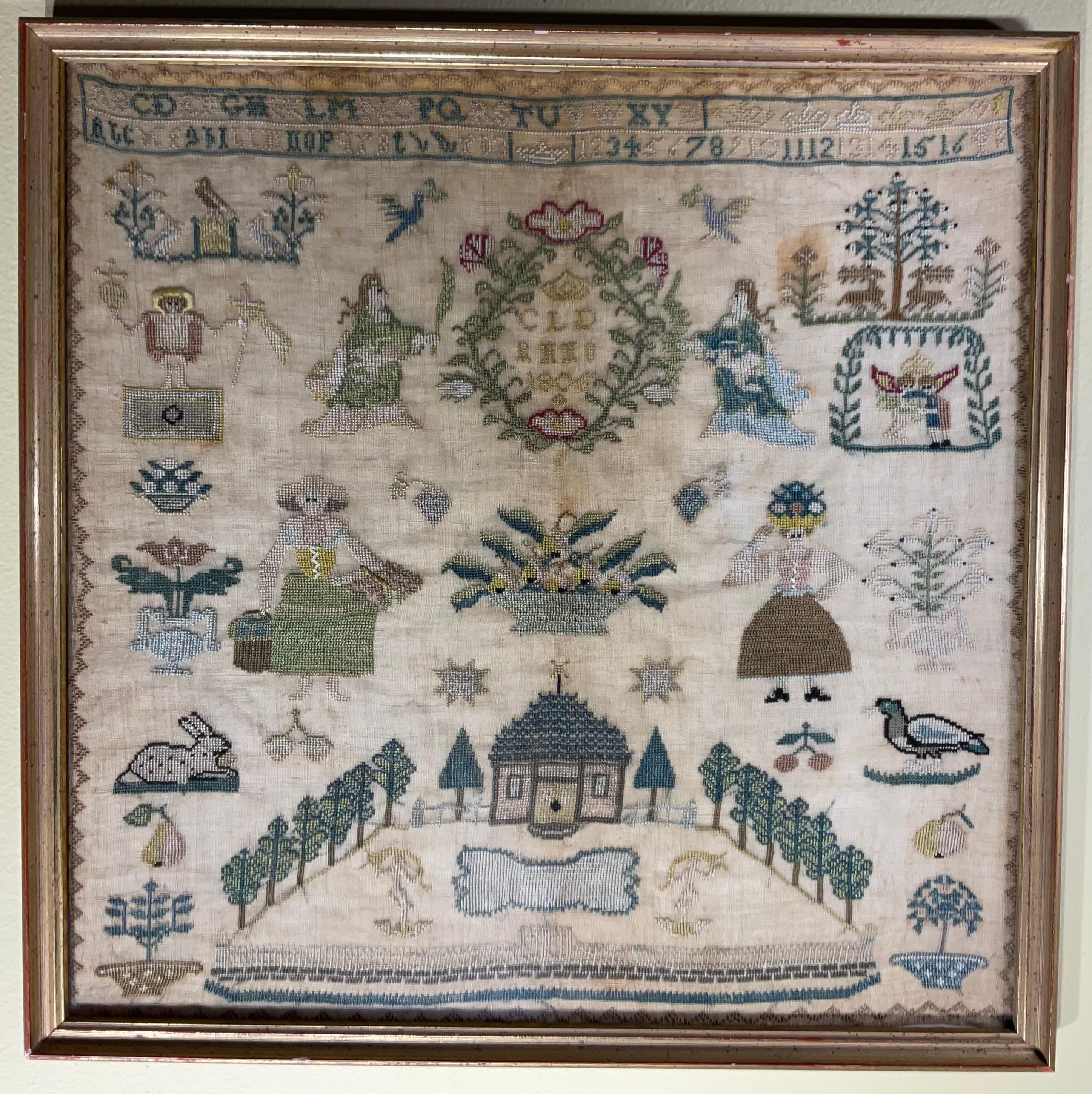
A rare and beautiful antique textile sampler wrought by a schoolgirl in the Early 19th Century (Circa 1800-1810). This meticulously hand-stitched piece offers a charming window into the historical education of young women and the popular decorative