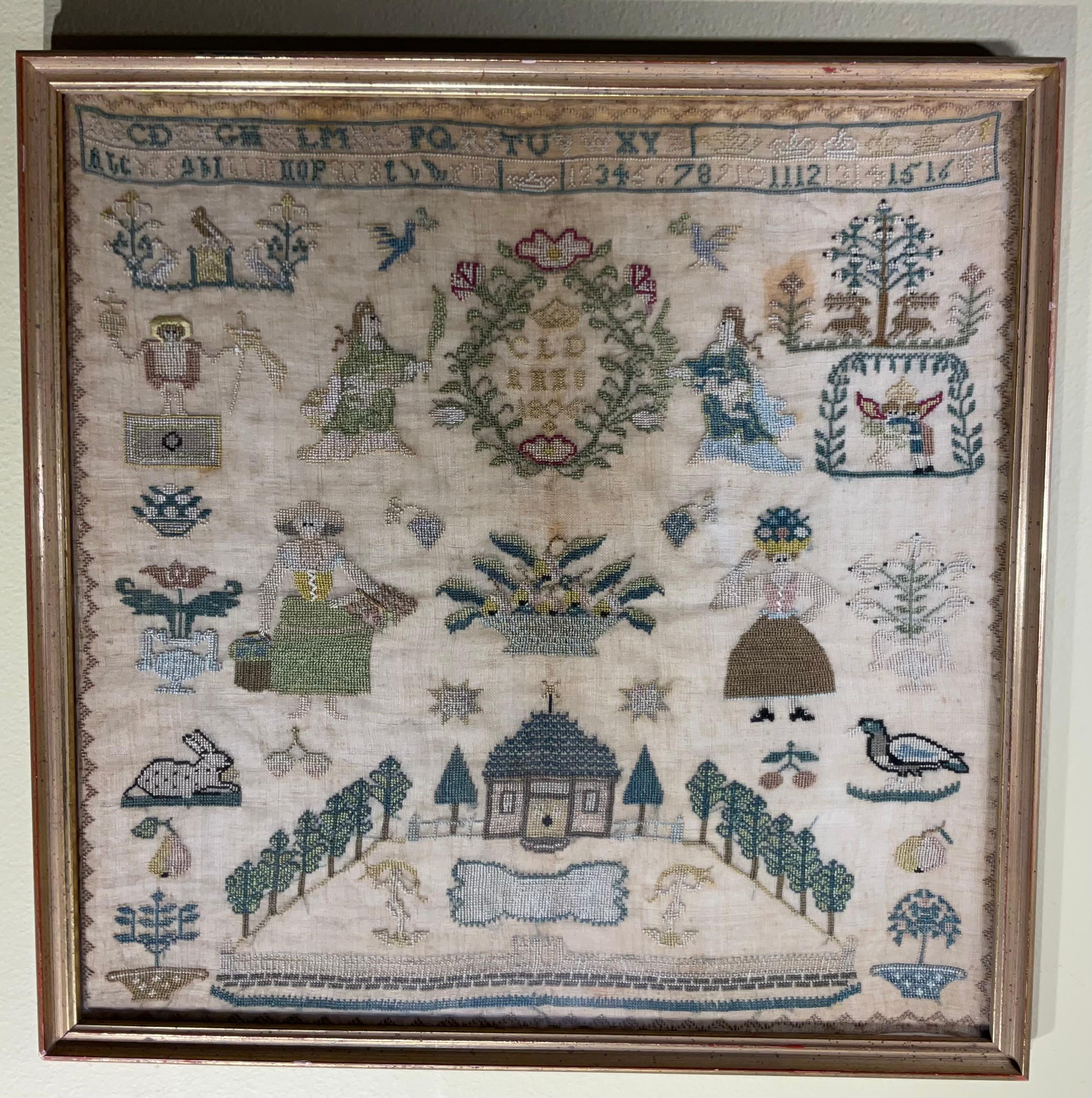 American Antique Early 19th Century Schoolgirl Needlework Sampler – Dated 180X For Sale