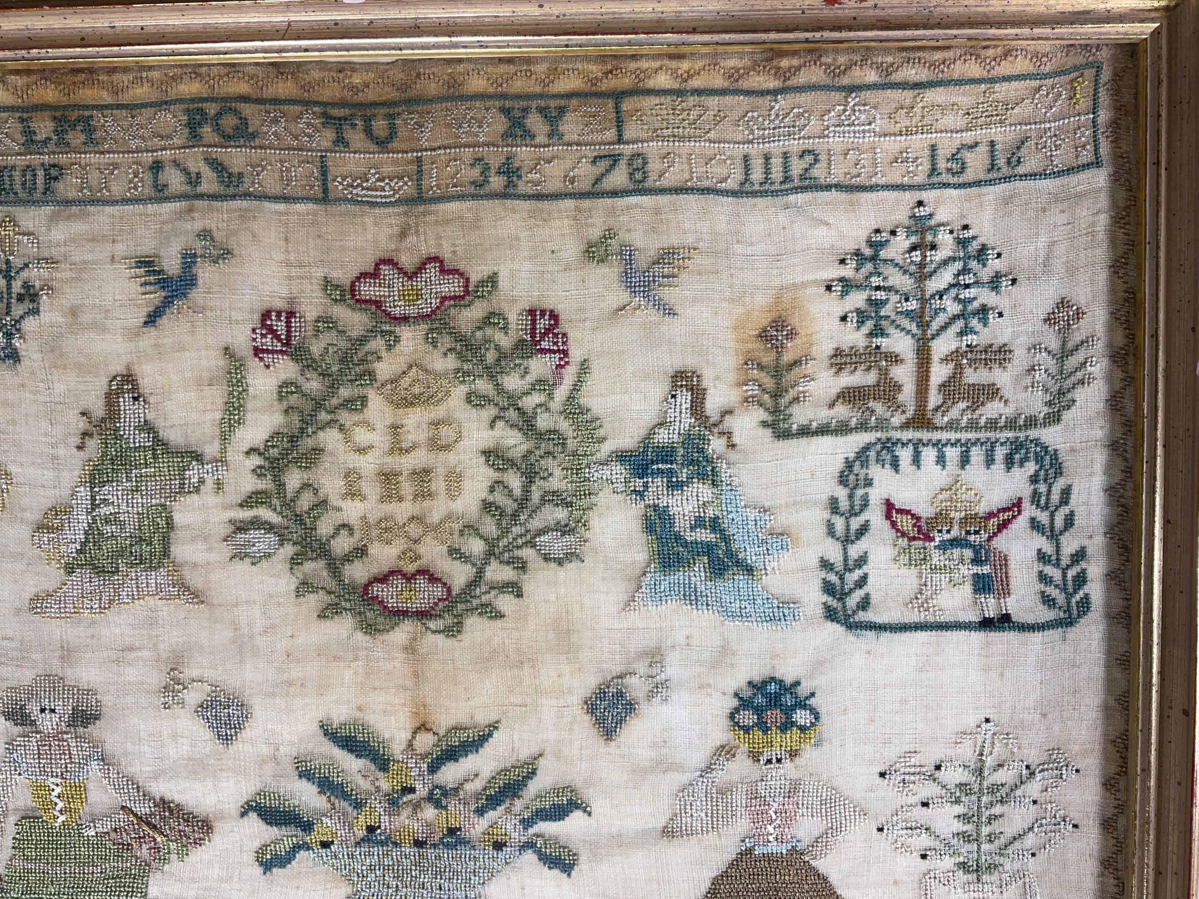 Hand-Knotted Antique Early 19th Century Schoolgirl Needlework Sampler – Dated 180X For Sale