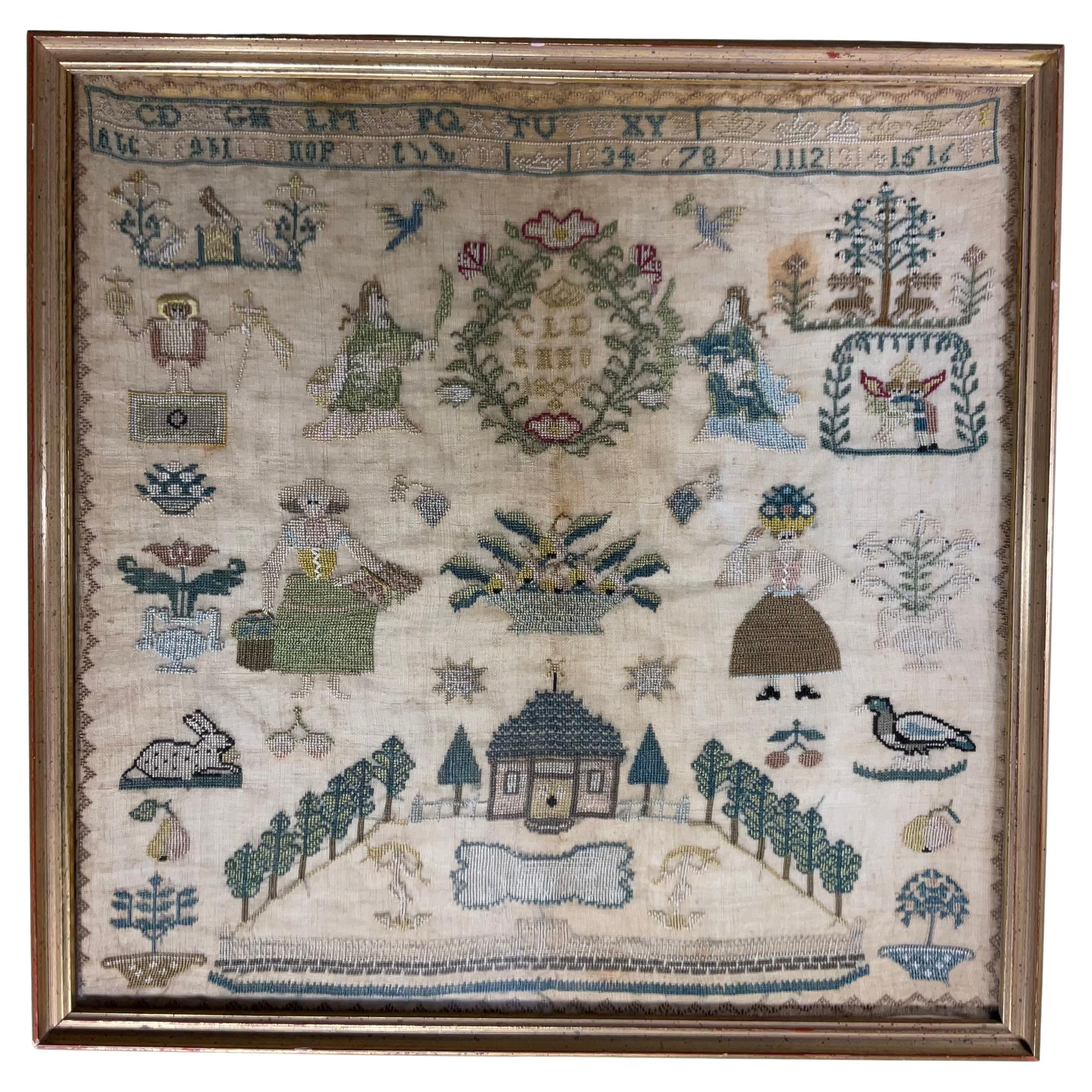 Antique Early 19th Century Schoolgirl Needlework Sampler – Dated 180X For Sale