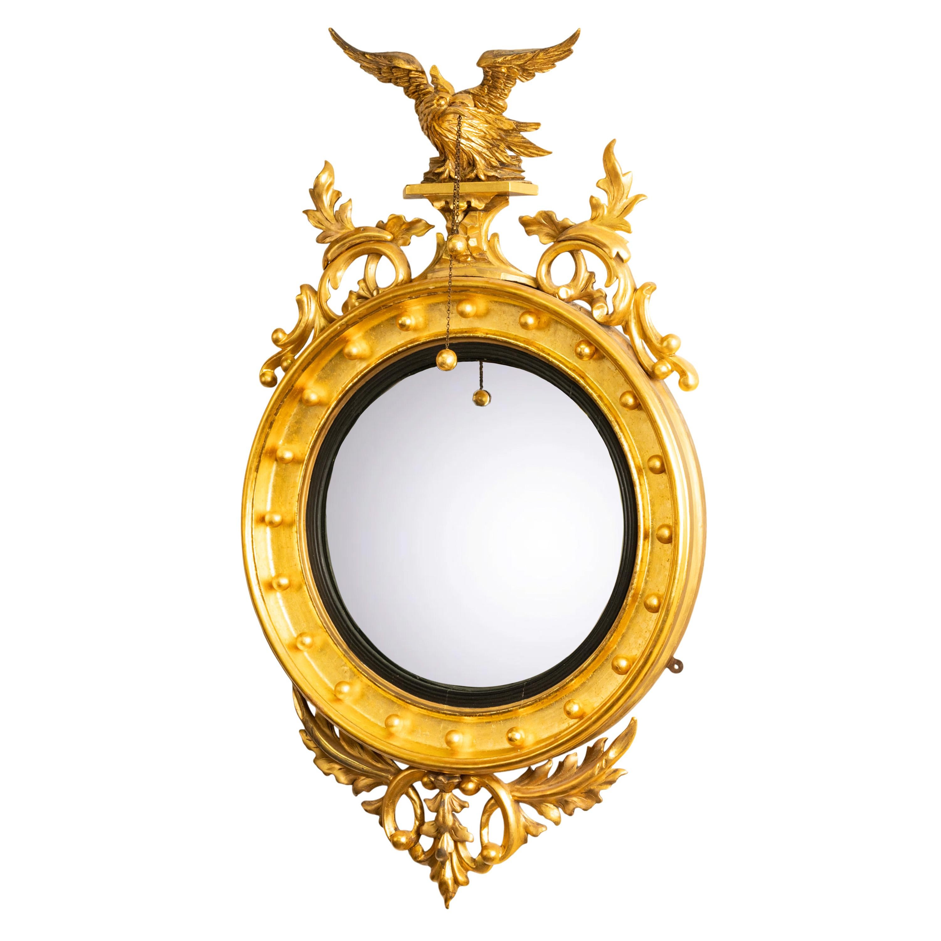 Carved Antique Early 19thC American Federal Period Convex Gilt Wood Eagle Mirror 1820 For Sale