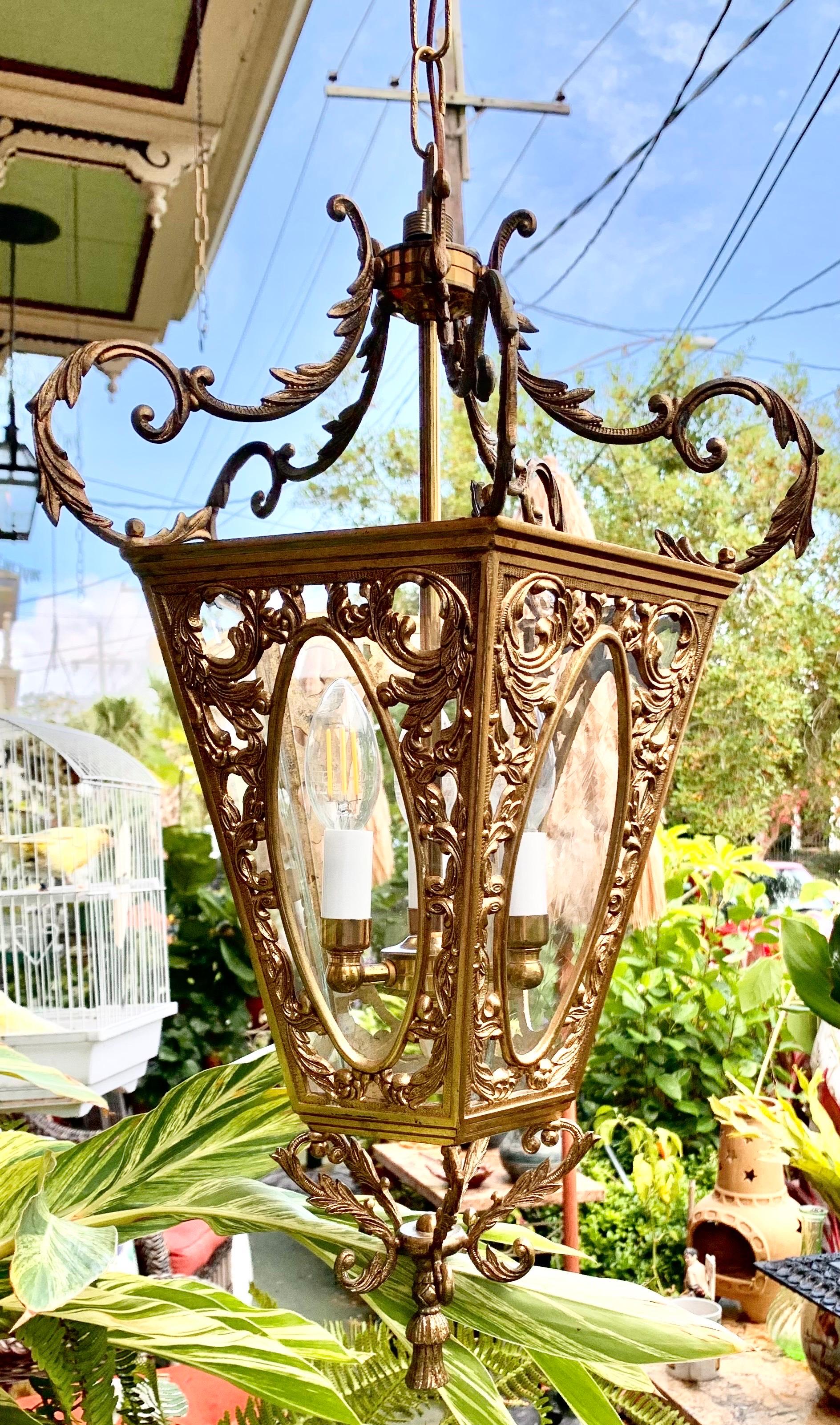 Antique Early 20th C. Gilt Brass & Glass Pentagonal Hall Lantern For Sale 2