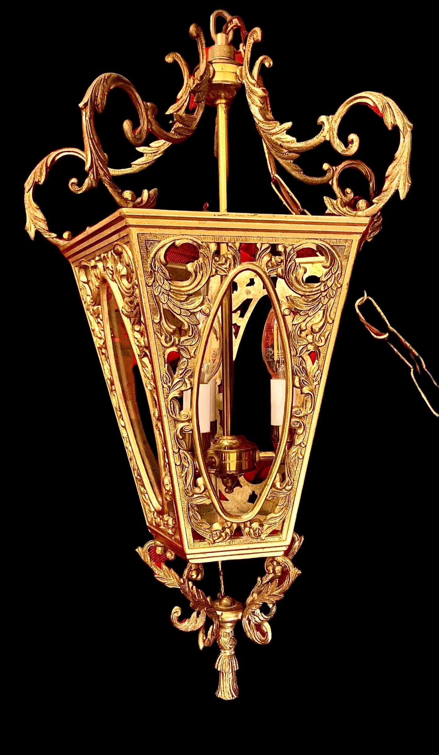 20th Century Antique Early 20th C. Gilt Brass & Glass Pentagonal Hall Lantern For Sale