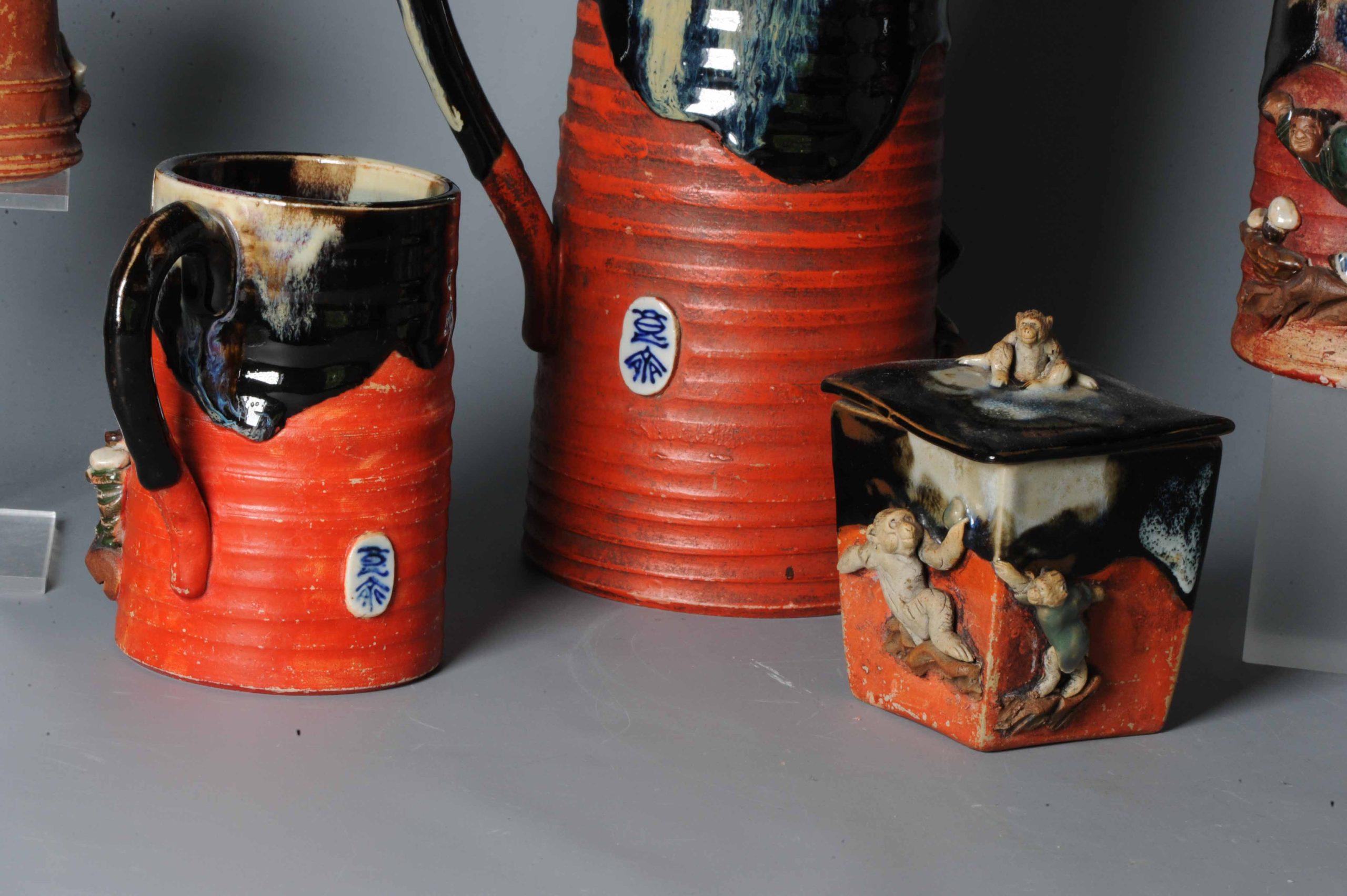 Antique Early 20th Century Japanese Sumida Gawa Pottery Tea Set Monkeys Figure For Sale 1