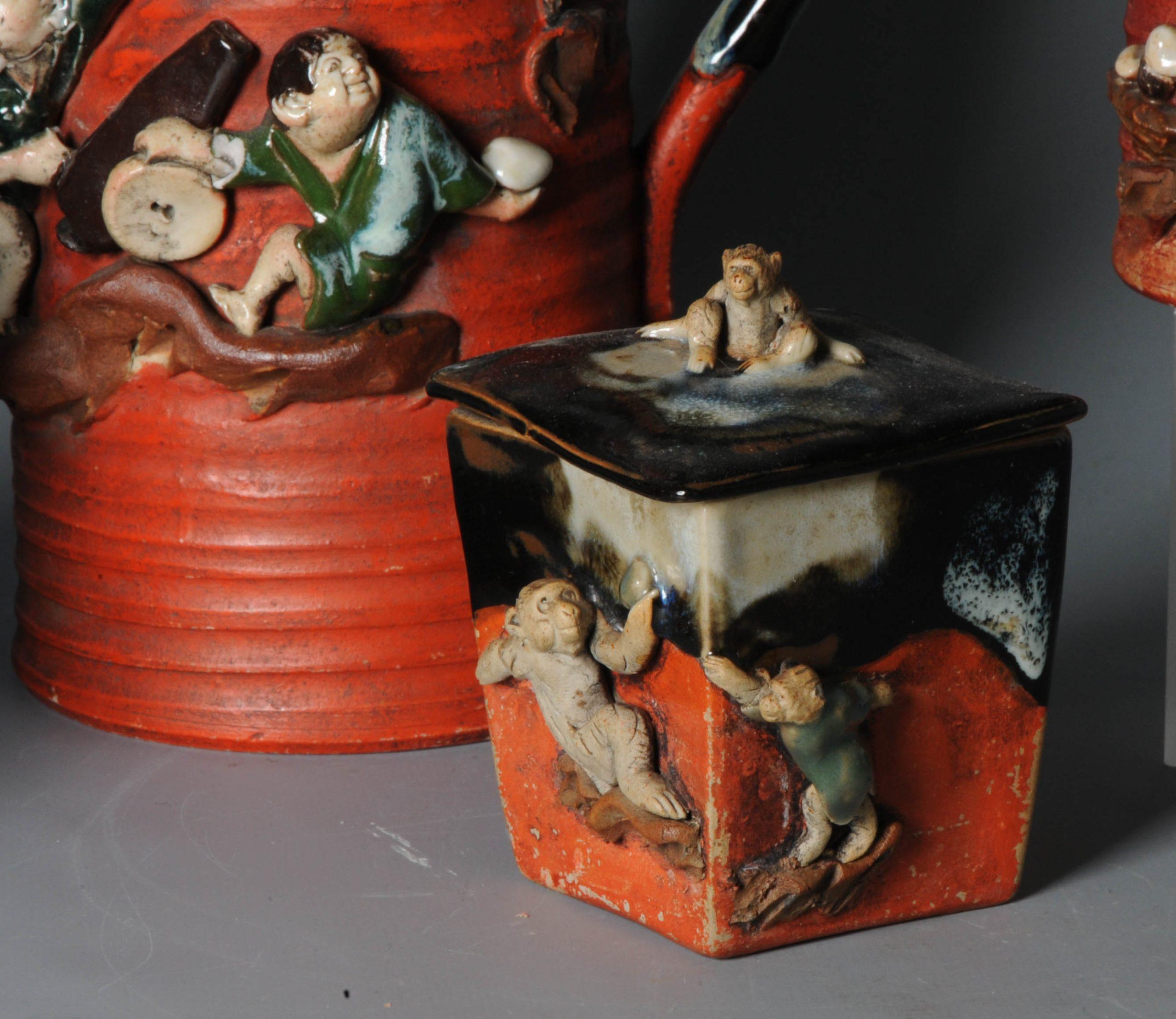 Meiji Antique Early 20th Century Japanese Sumida Gawa Pottery Tea Set Monkeys Figure For Sale