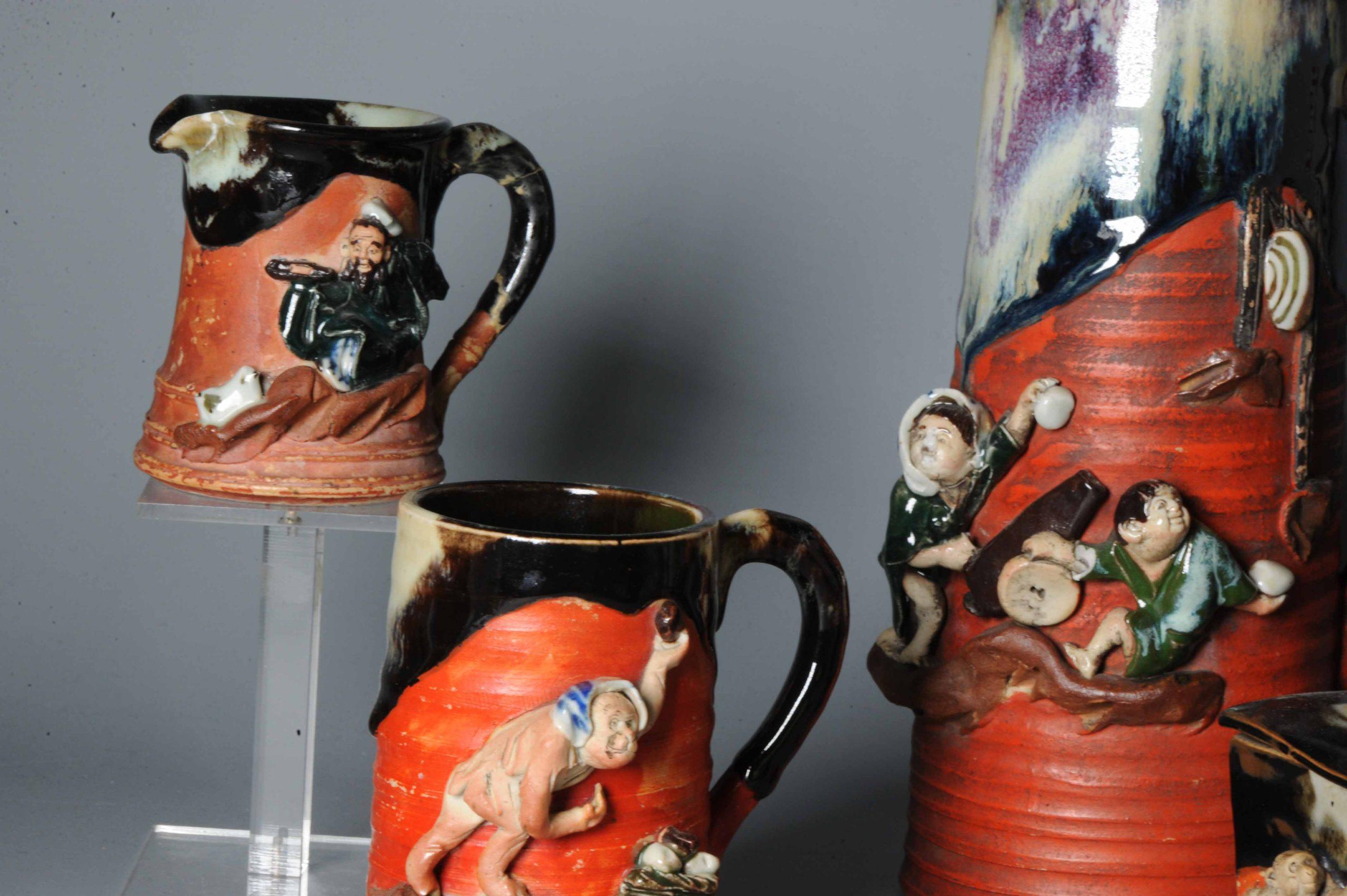 19th Century Antique Early 20th Century Japanese Sumida Gawa Pottery Tea Set Monkeys Figure For Sale