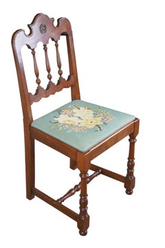 Antique Early 20th C. Michigan Chair Company Walnut Side Chair Embroidered Seat