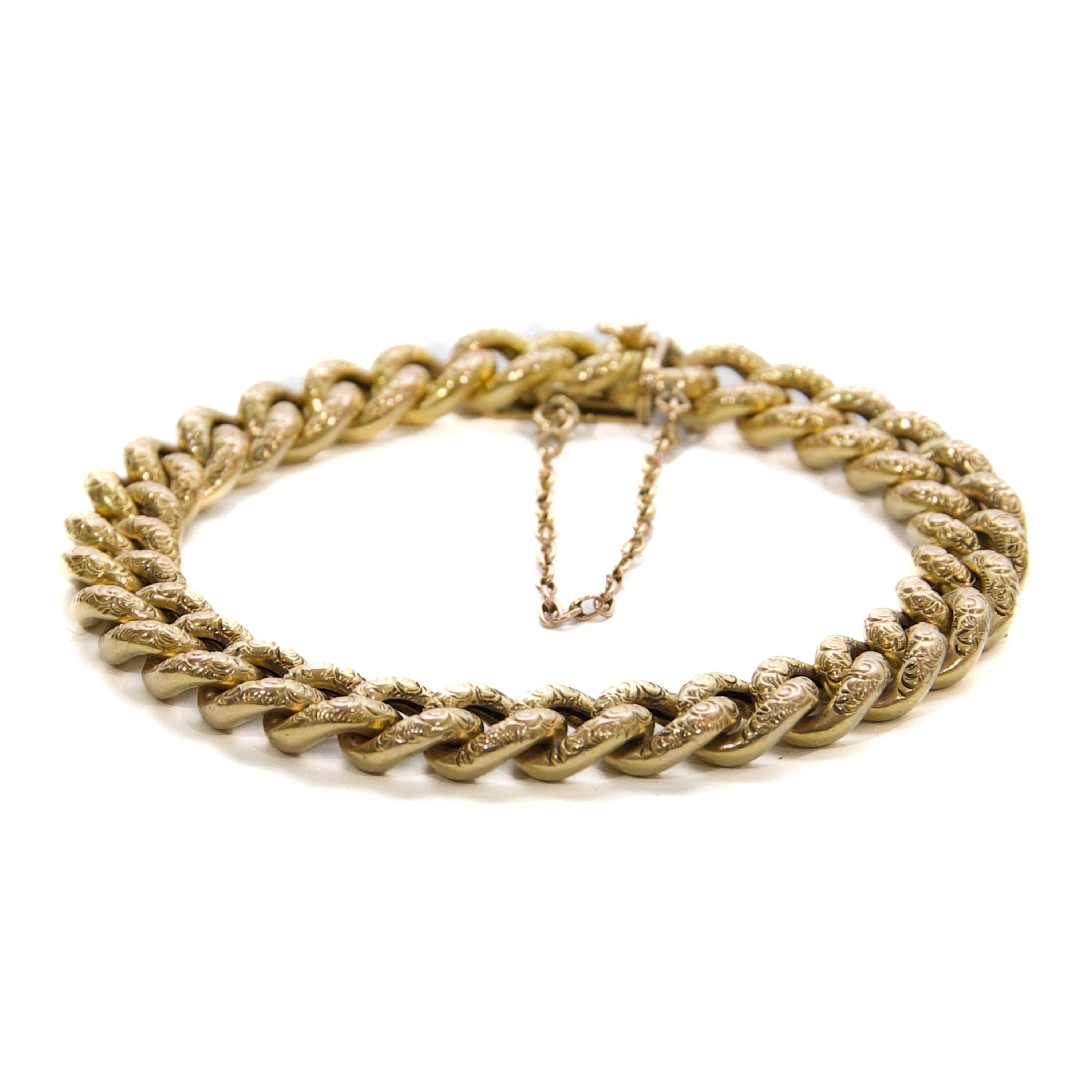 da uomo o donna Antique Early 20th Century 14K Gold Hand-Engraved Curb Chain Bracelet in vendita