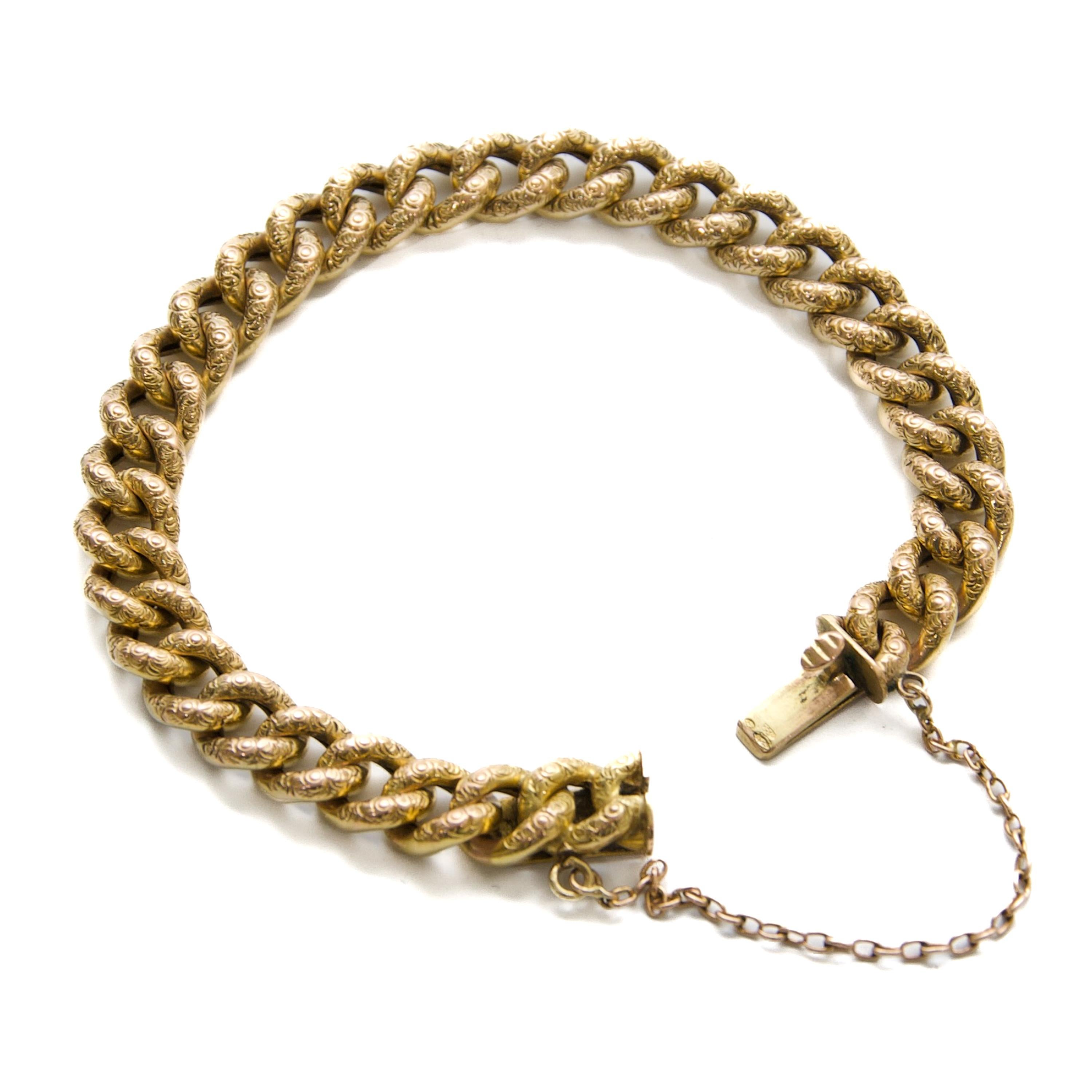 Antique Early 20th Century 14K Gold Hand-Engraved Curb Chain Bracelet in vendita 1
