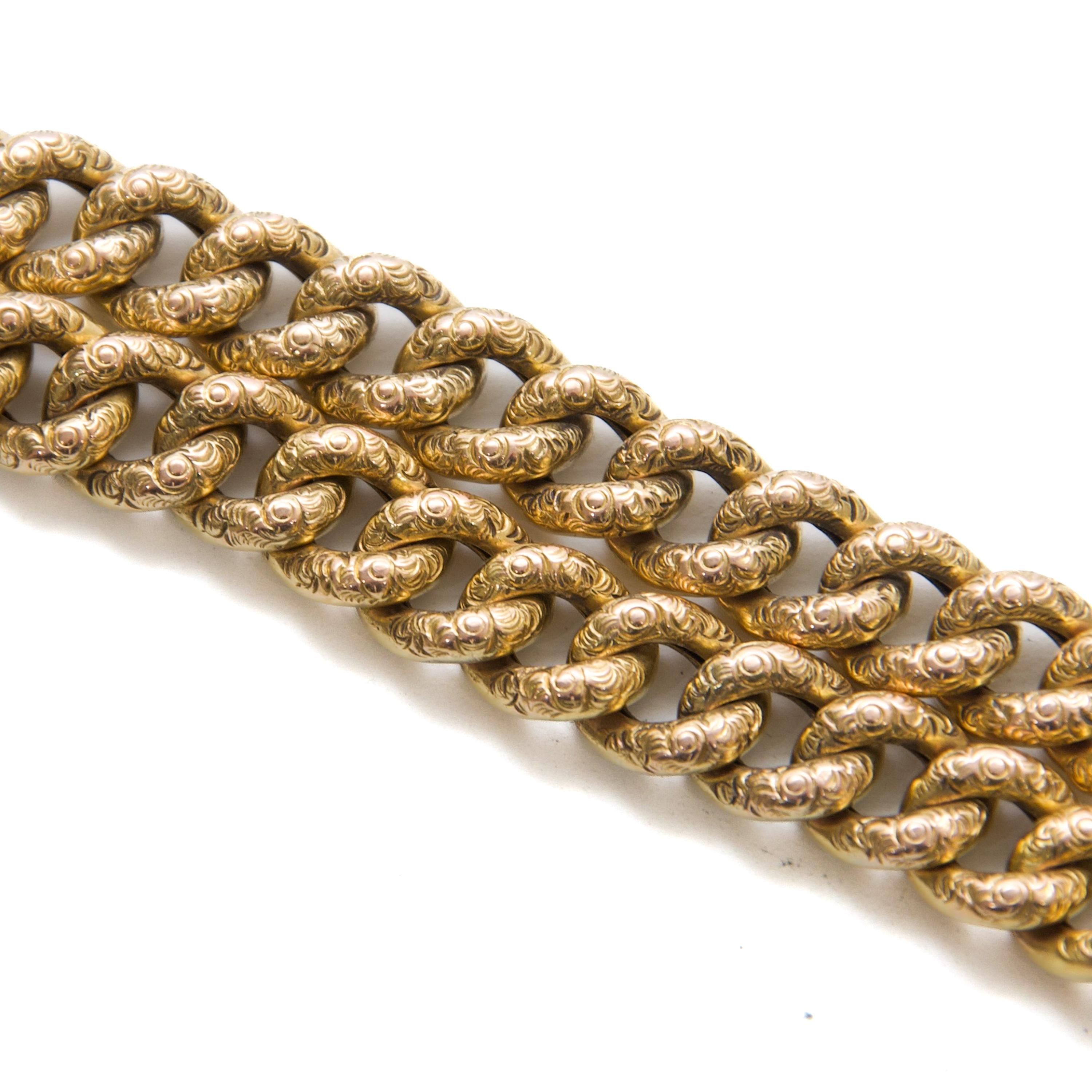 Antique Early 20th Century 14K Gold Hand-Engraved Curb Chain Bracelet in vendita 3