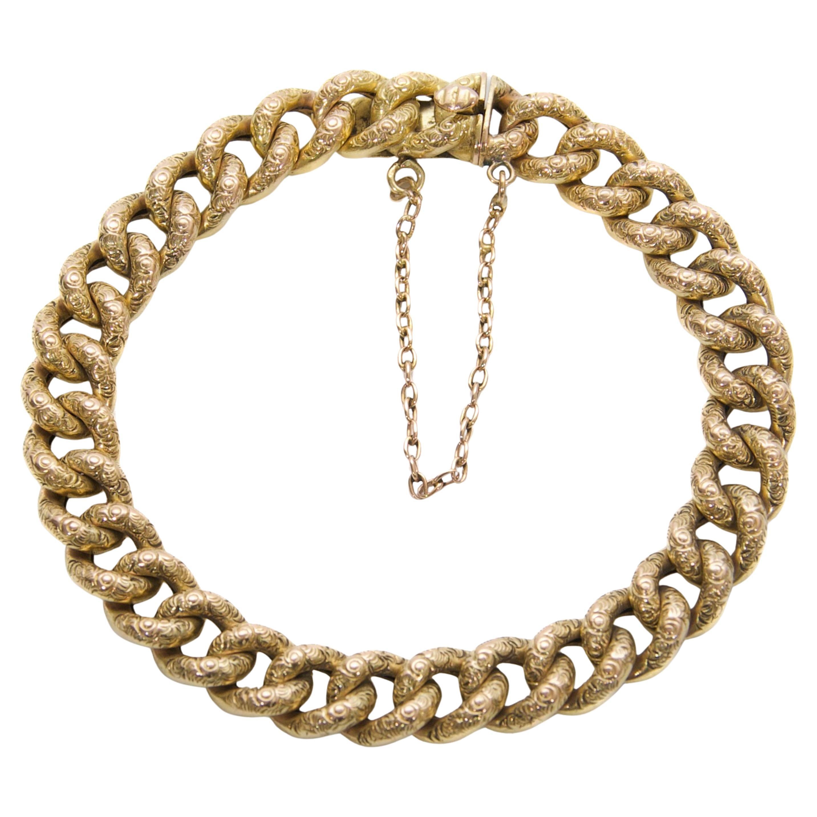 Antique Early 20th Century 14K Gold Hand-Engraved Curb Chain Bracelet