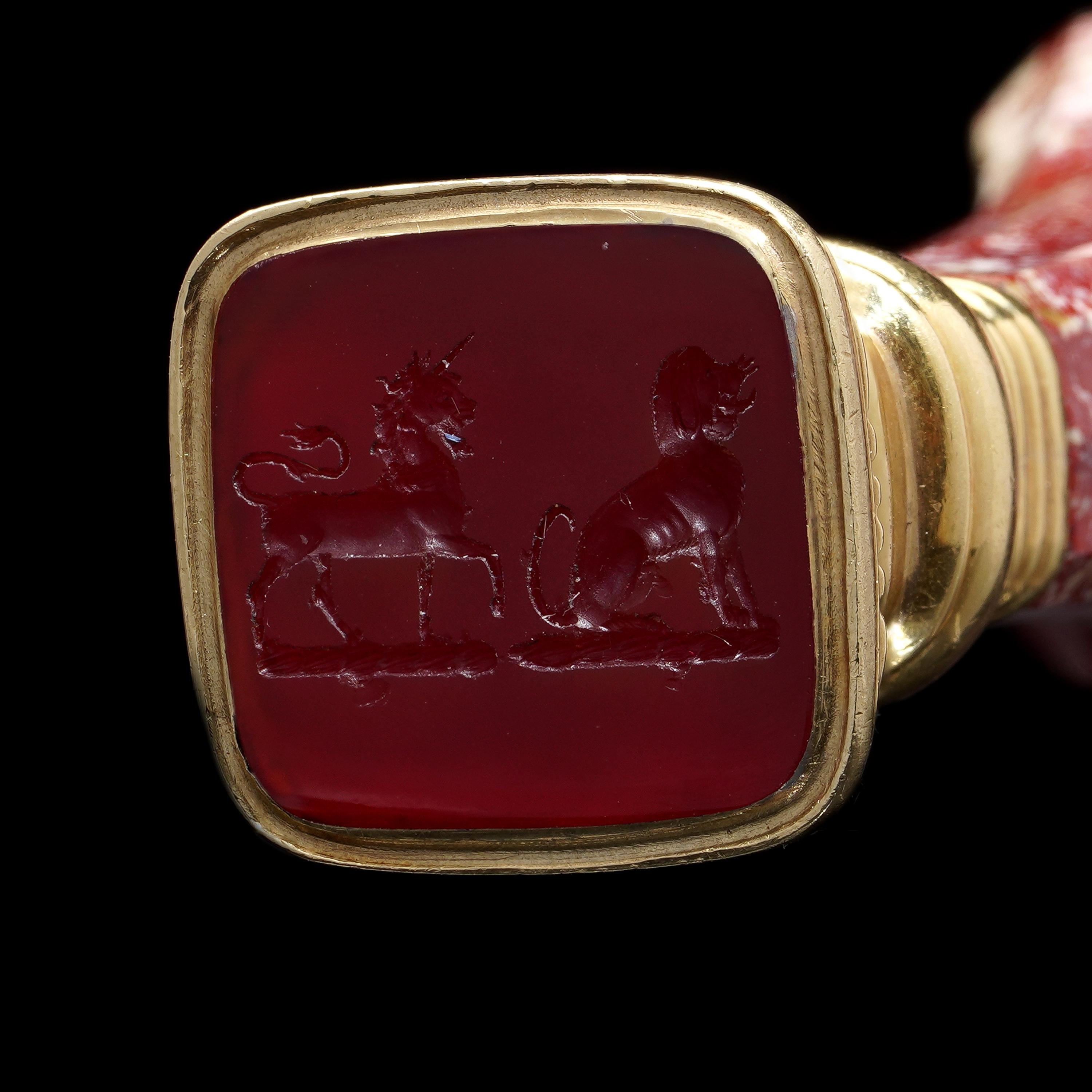 da uomo o donna Antico sigillo in oro 18kt dei primi del Novecento con diaspro e corniola in vendita