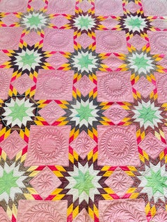 Antique Early 20th Century American Touching Stars Trapunto Quilt, Raised Quilti