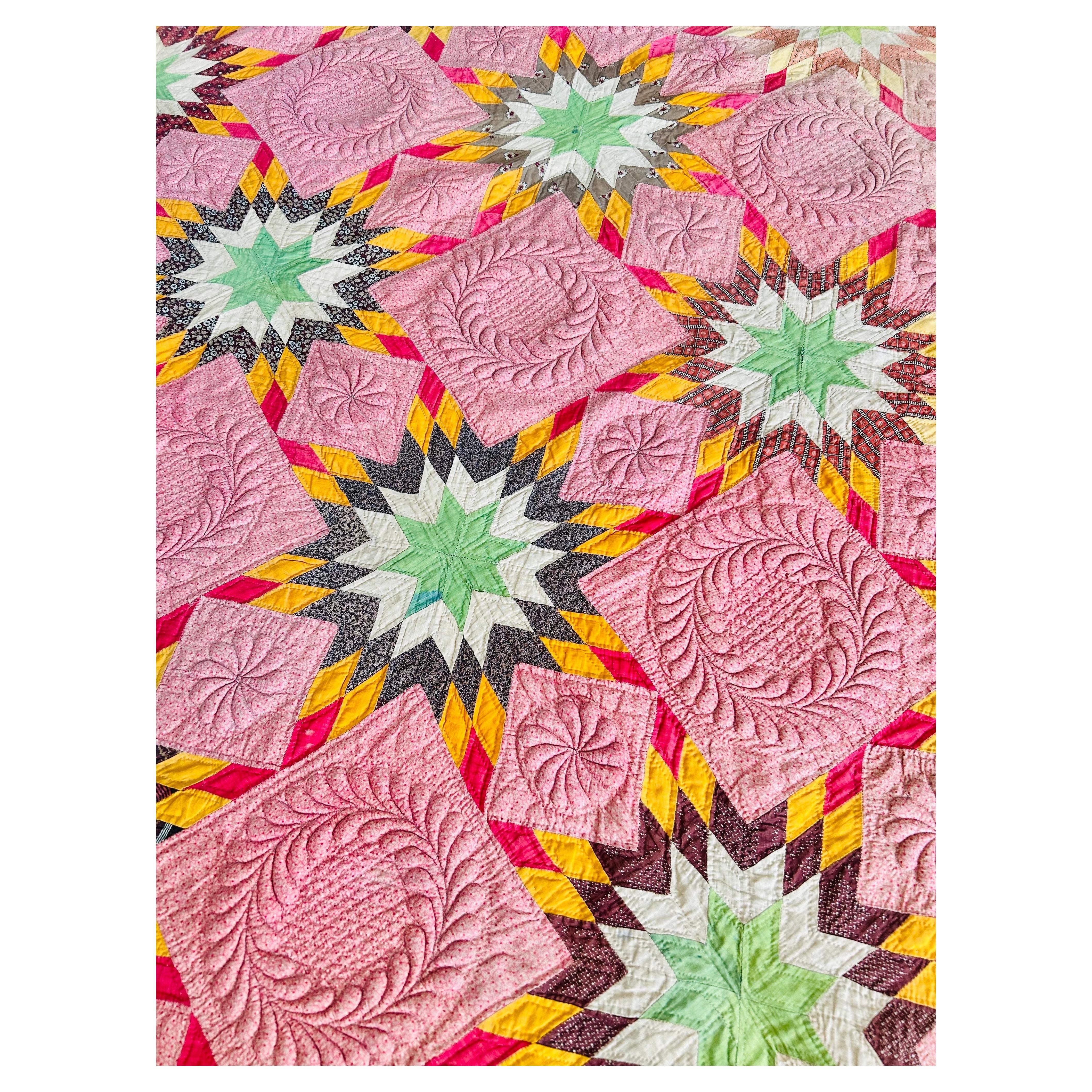 Antique Early 20th Century American Touching Stars Trapunto Quilt, Raised Quilti